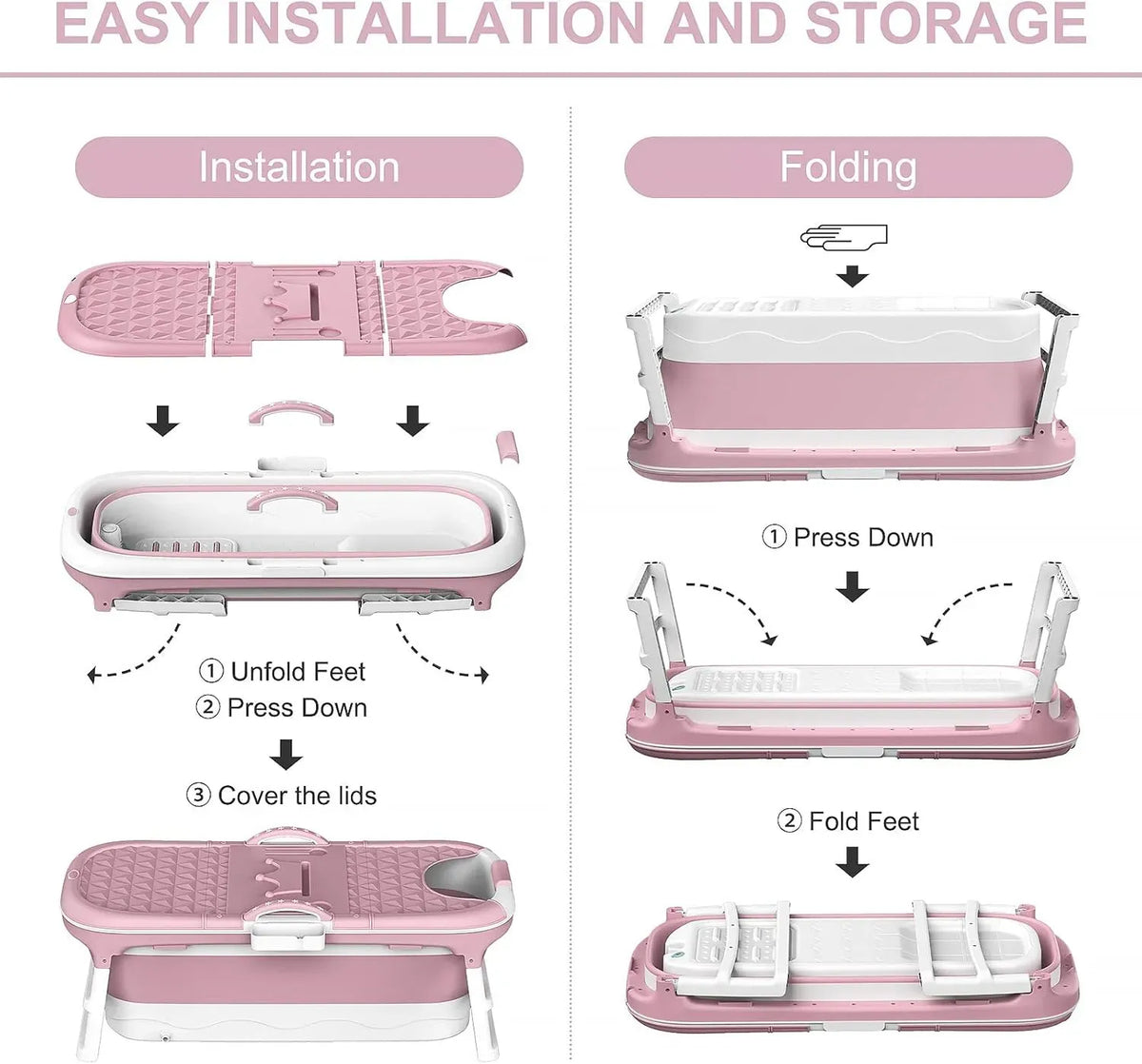 CARLA HOME Foldable Bathtub Adult - Collapsible Soaking Tub - Pink - Folding Bathub