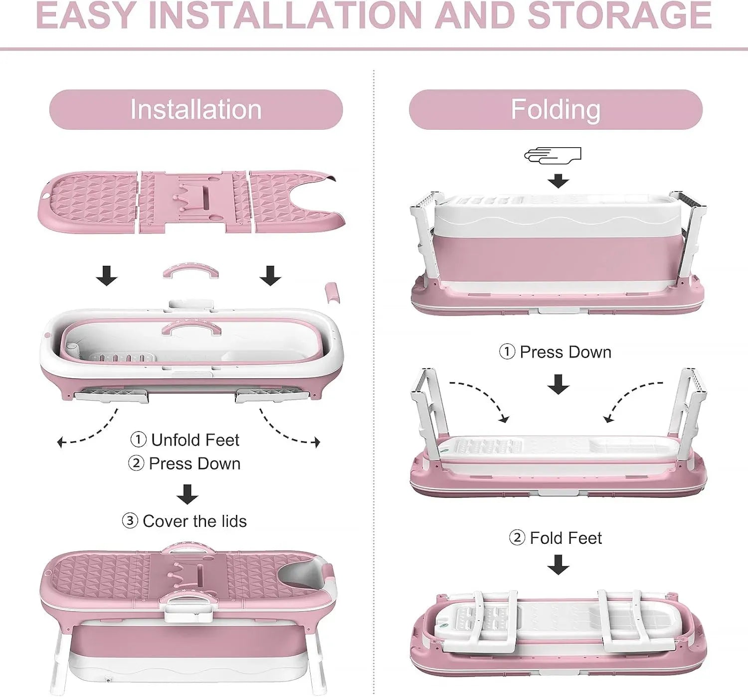 CARLA HOME Foldable Bathtub Adult - Collapsible Soaking Tub - Pink - Folding Bathub