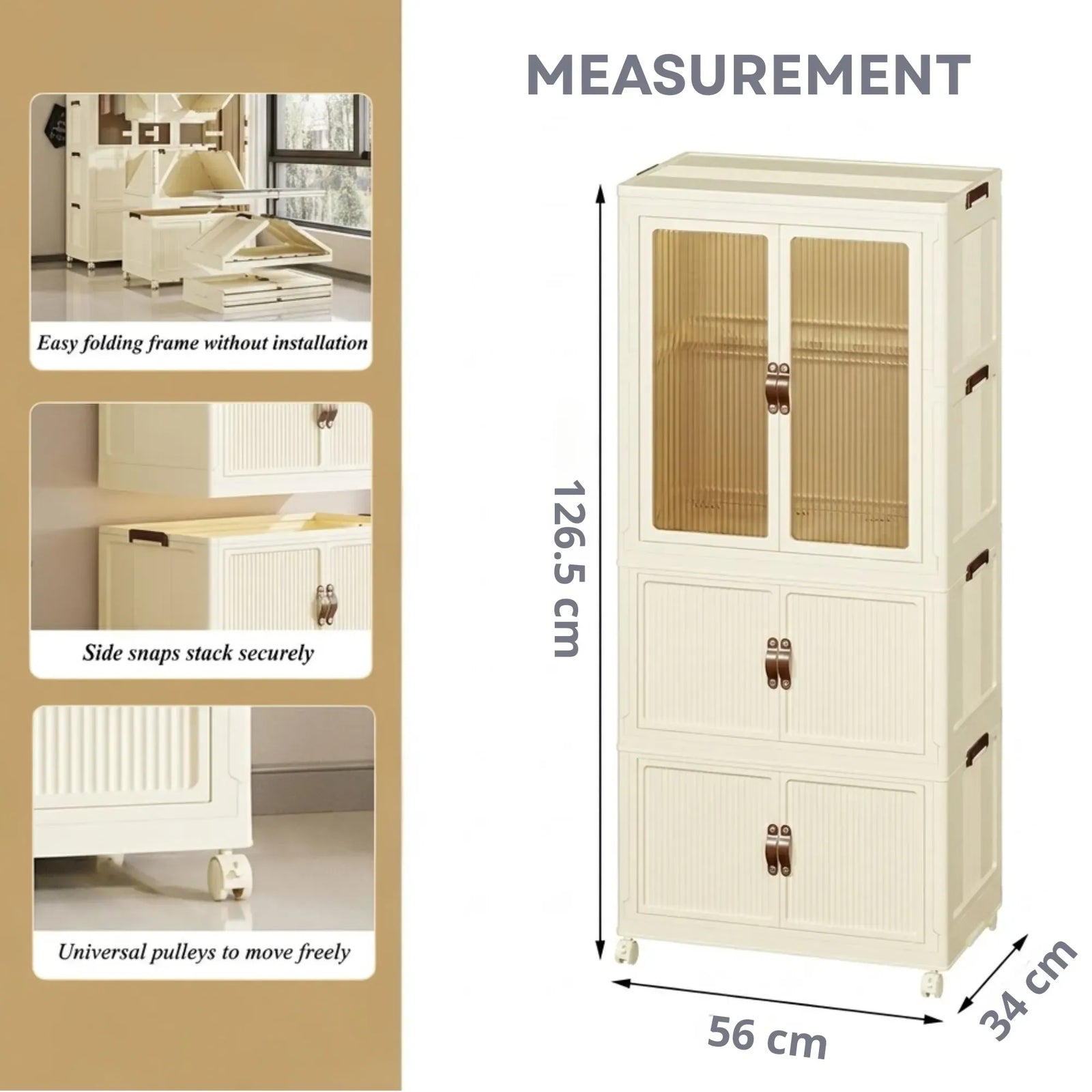 CARLA HOME 3 - Tier Foldable Wardrobe Cabinet - White - Plastic - Clothe Storage