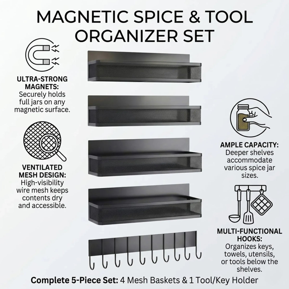 CARLA HOME 5 Pack Magnetic Spice Rack for Fridge Kitchen with Hook Bar