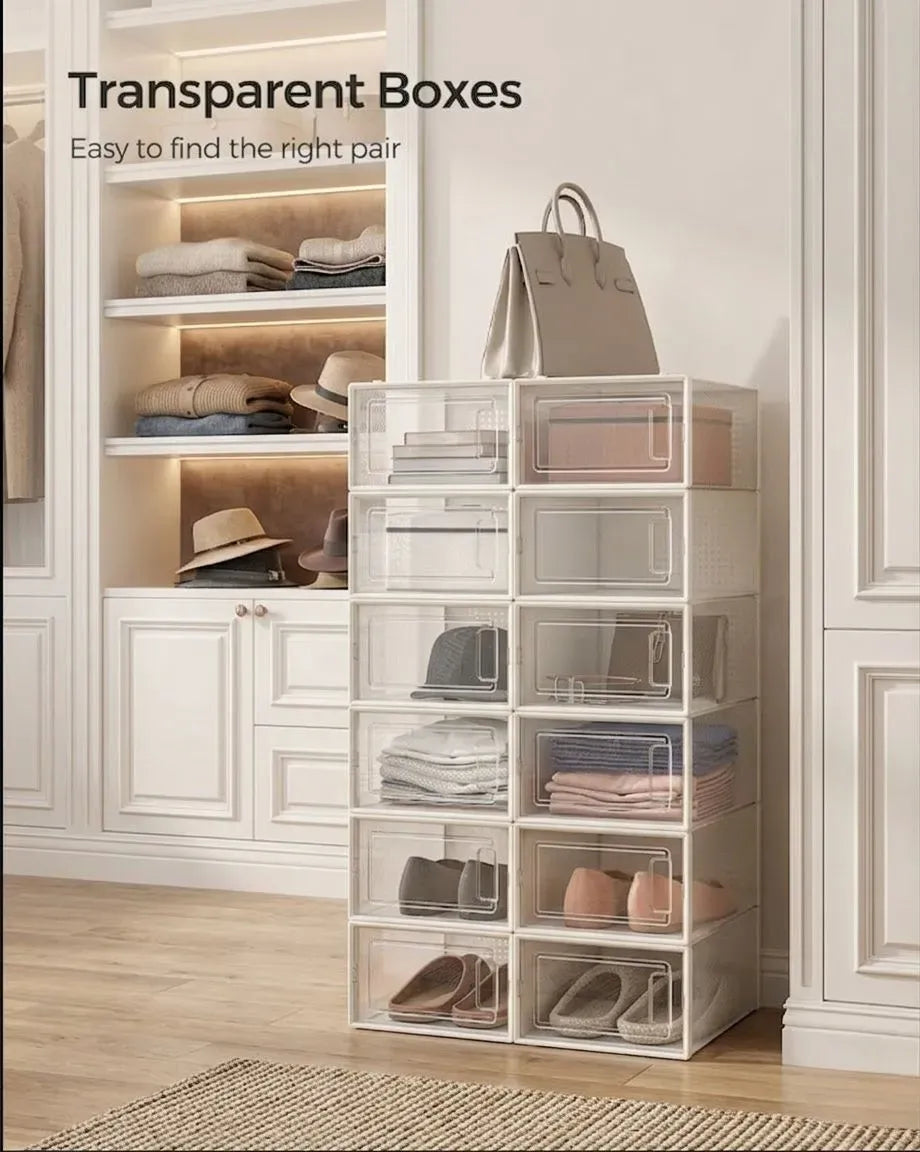 CARLA HOME 18-Pack Shoe Storage Boxes - Clear Stackable - White - Shoe Box Storage