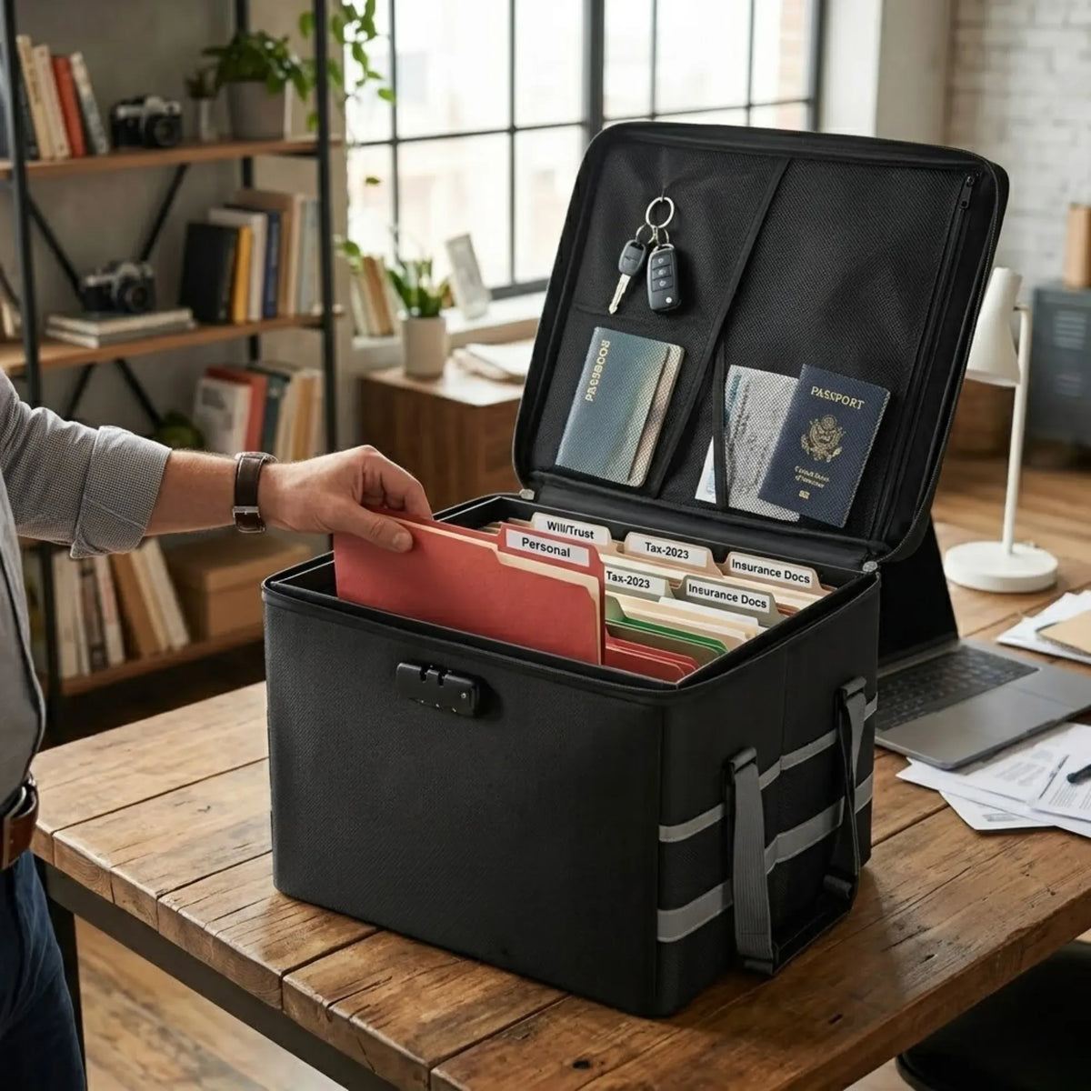 CARLA HOME Fireproof Document Box with Lock - Collapsible Black - Glass Fiber - Reflective Strip Design
