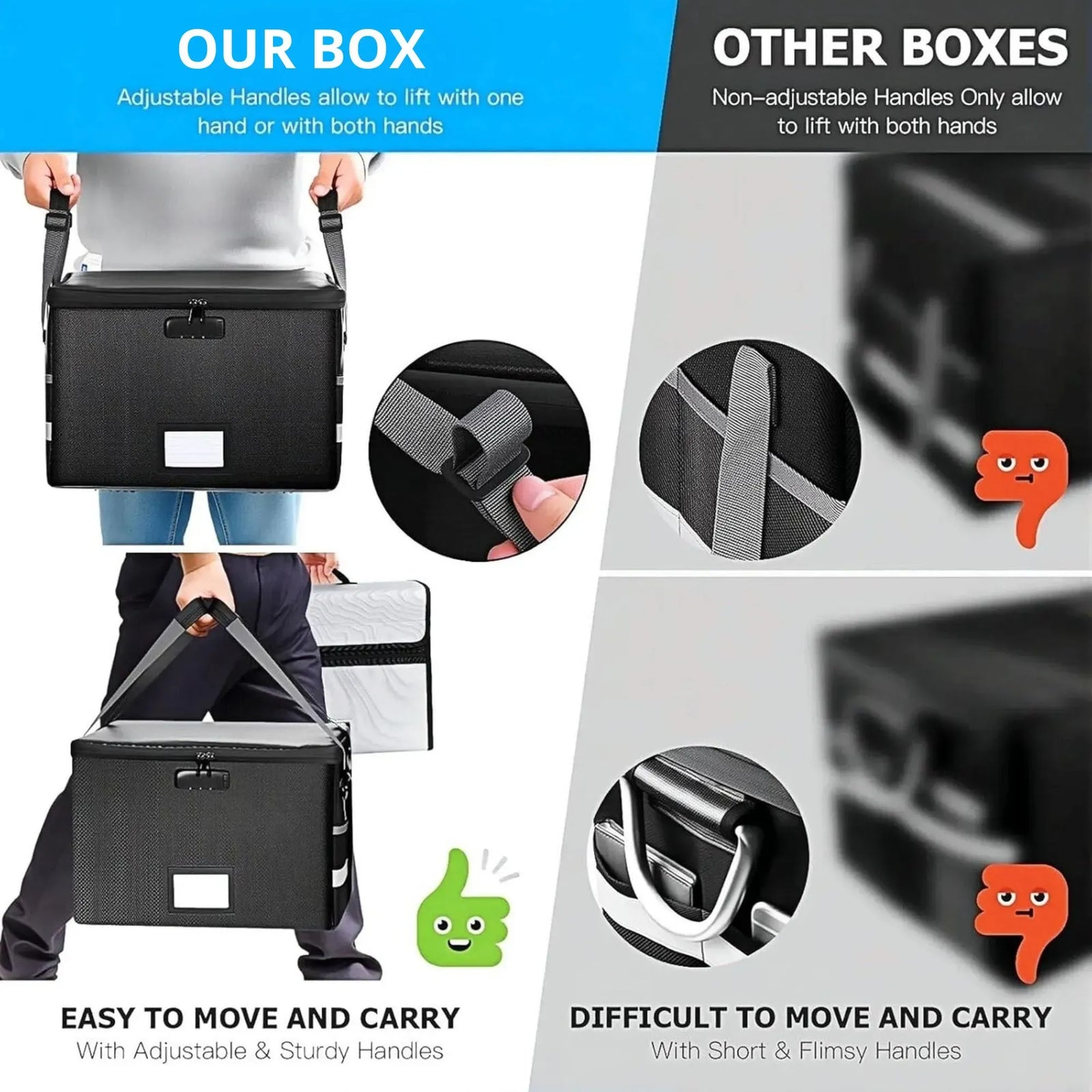 CARLA HOME Fireproof Document Box with Lock - Collapsible Black - Glass Fiber - Reflective Strip Design