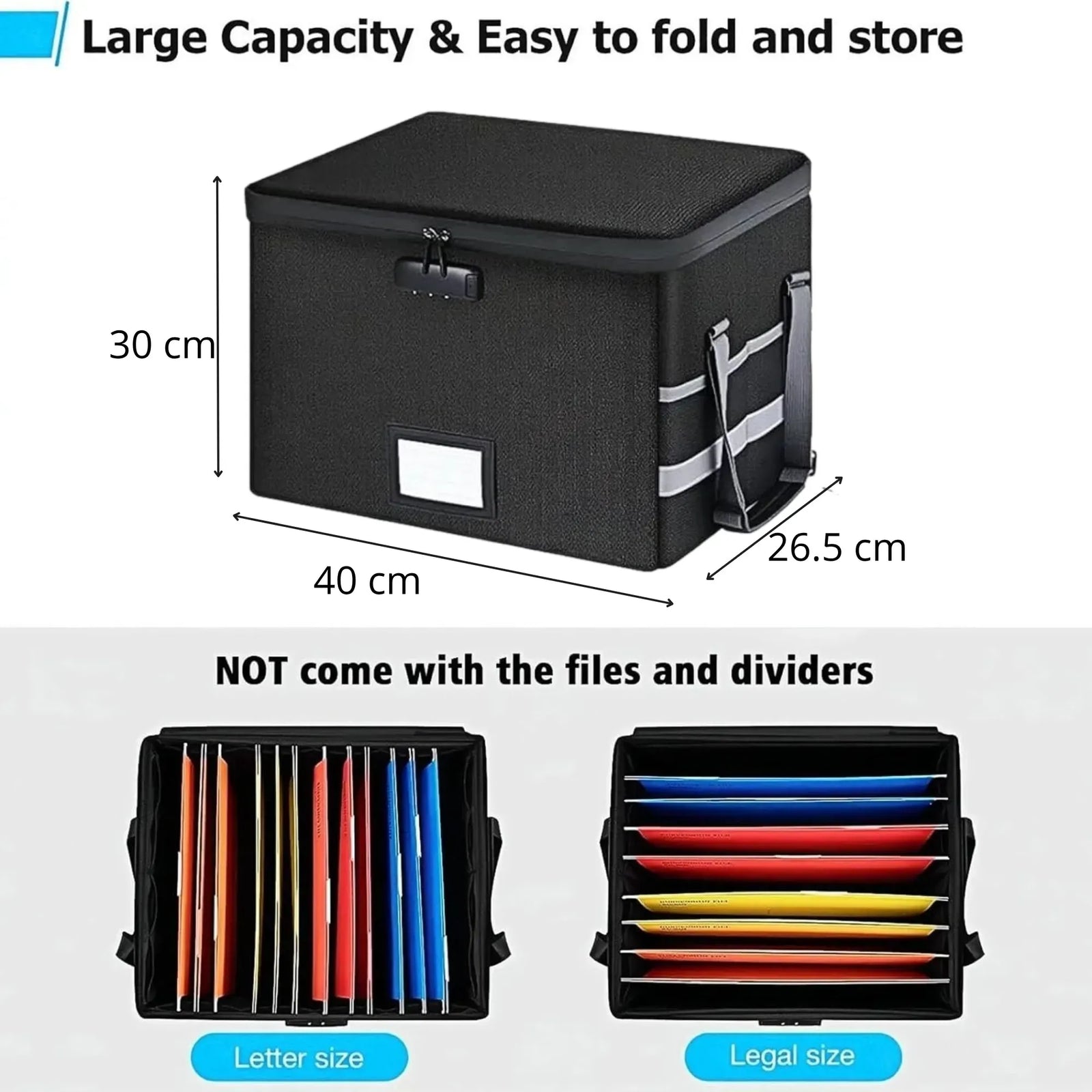 CARLA HOME Fireproof Document Box with Lock - Collapsible Black - Glass Fiber - Reflective Strip Design