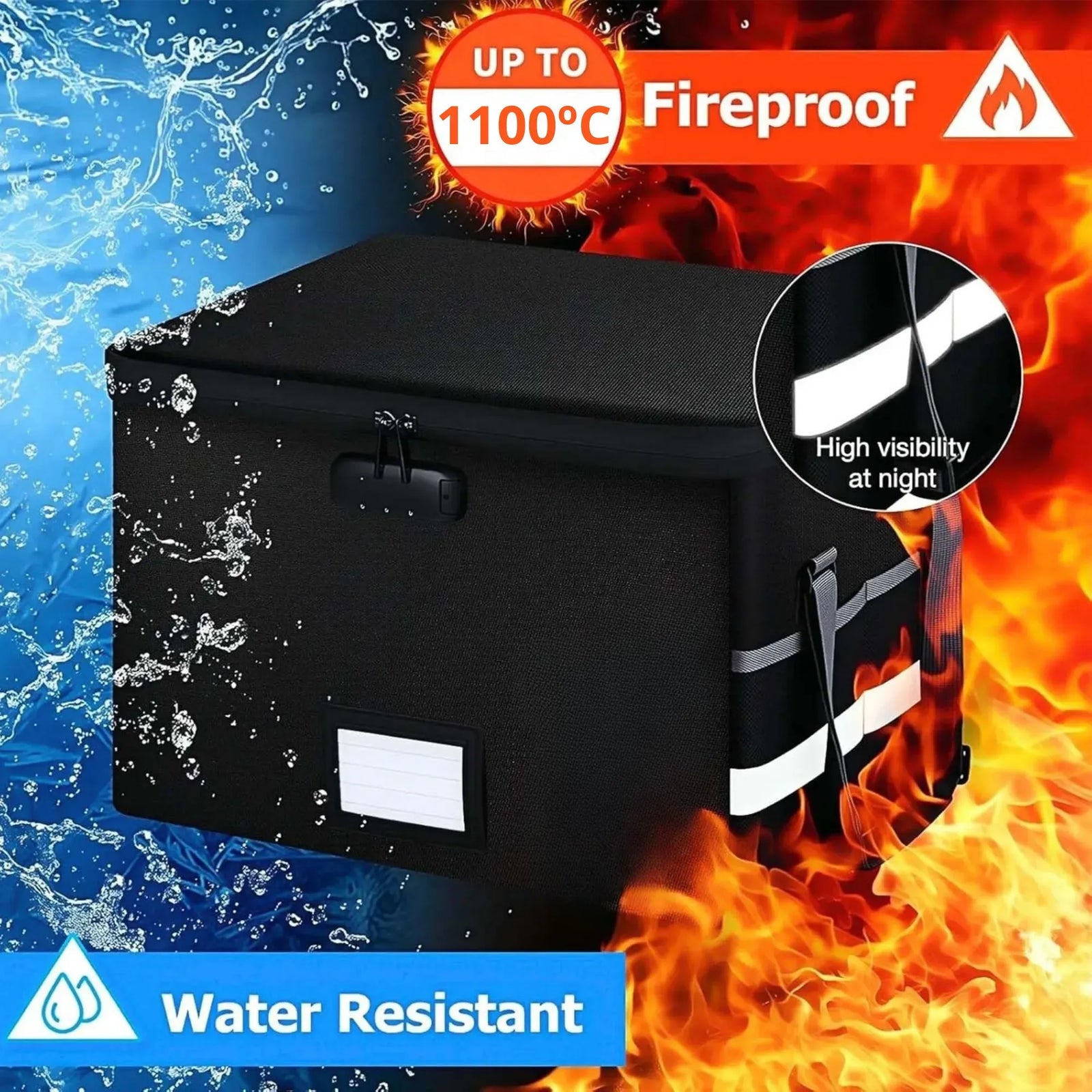 CARLA HOME Fireproof Document Box with Lock - Collapsible Black - Glass Fiber - Reflective Strip Design