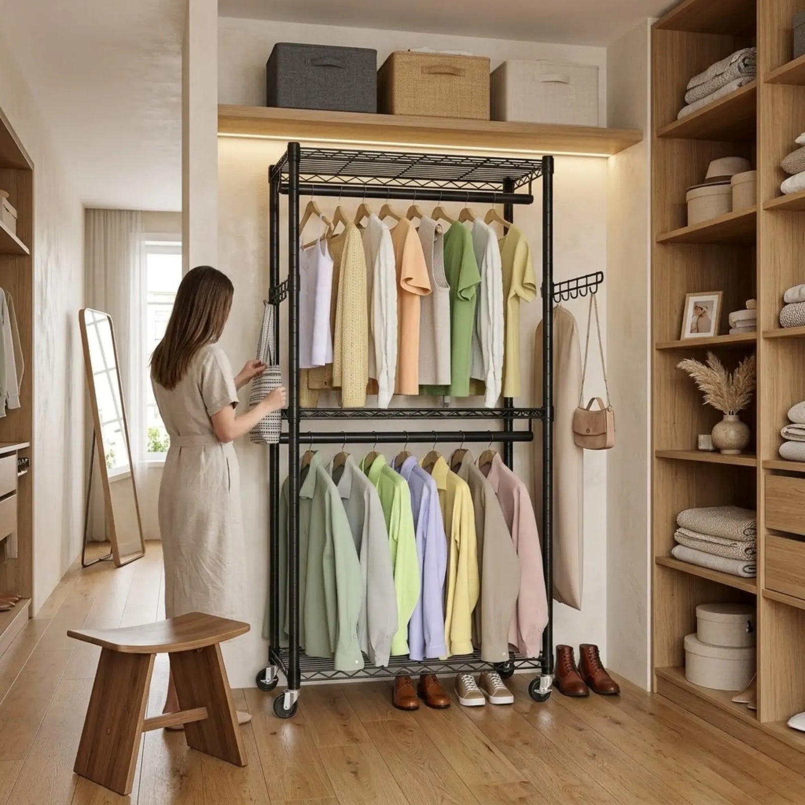 CARLA HOME Double Rail Garment Rack with Shelves - Rolling - Portable Wardrobe