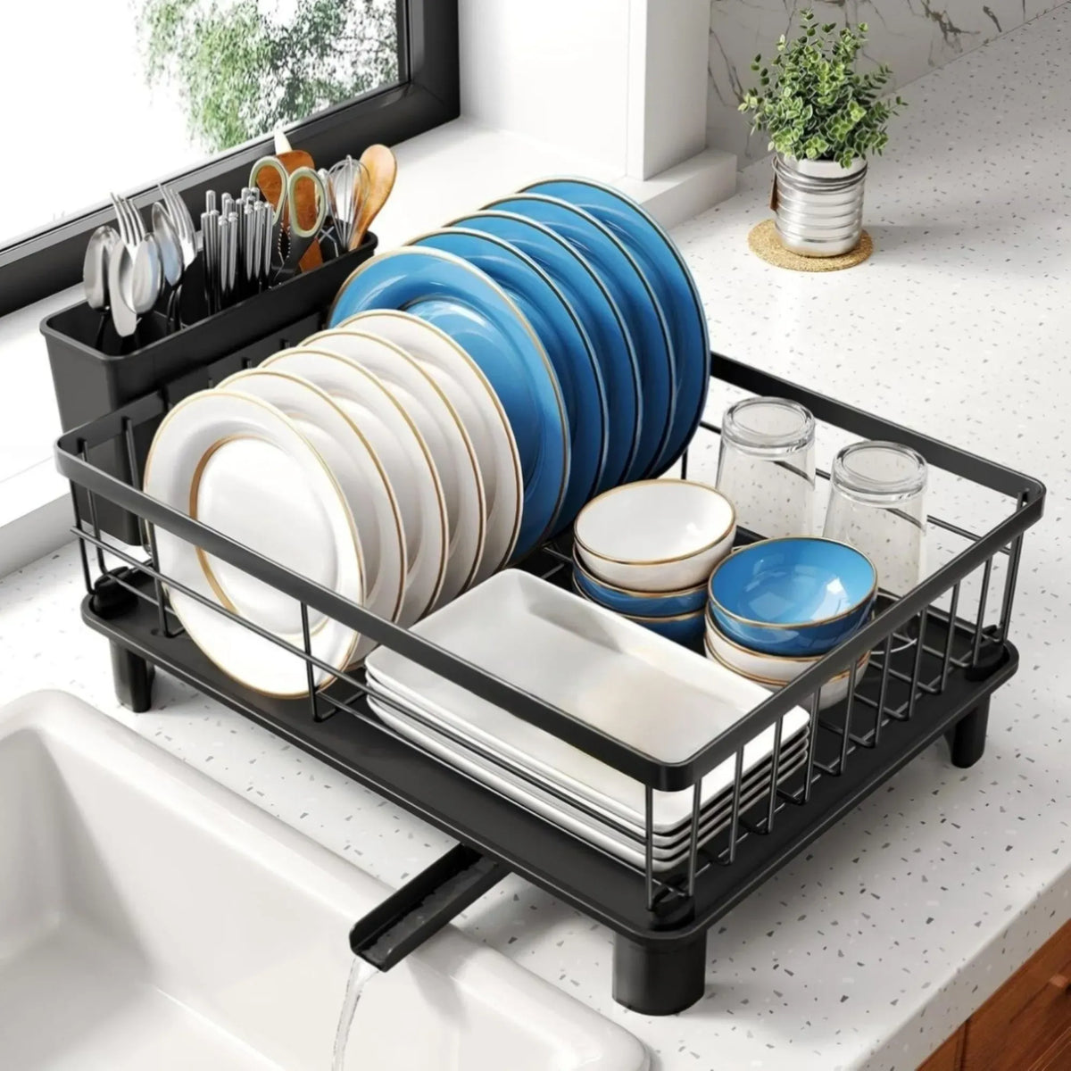 CARLA HOME Dish Drying Rack with Drainboard &amp; Utensil Holder for Kitchen (Black)