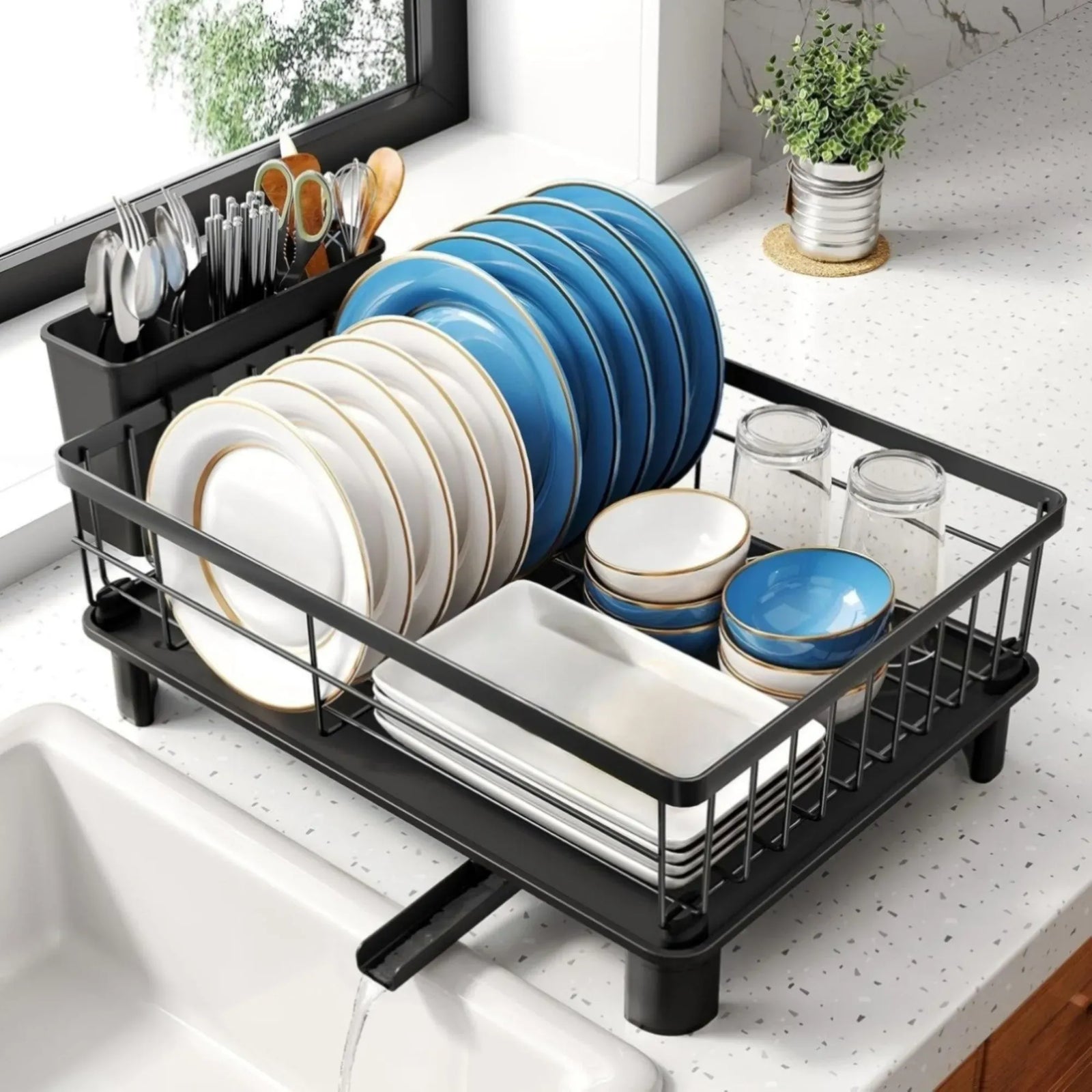CARLA HOME Dish Drying Rack with Drainboard & Utensil Holder for Kitchen (Black)
