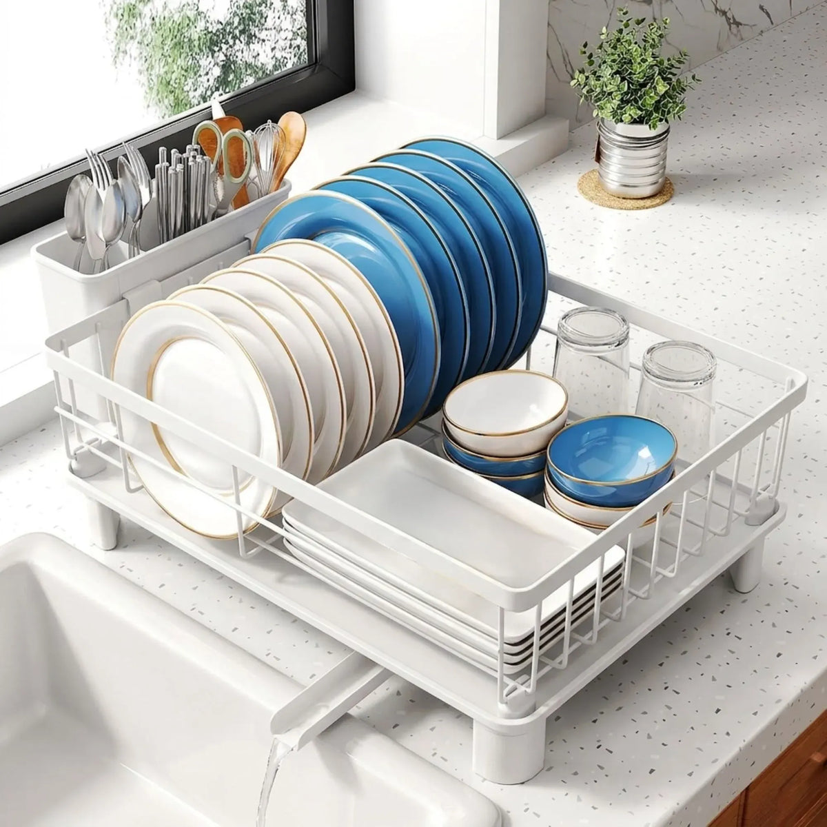 CARLA HOME Dish Drying Rack with Drainboard &amp; Utensil Holder for Kitchen (White)