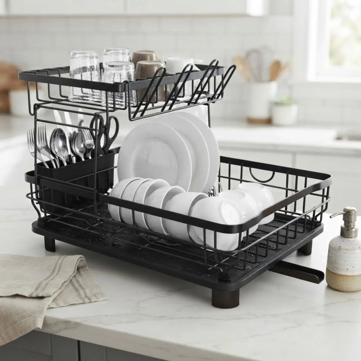 CARLA HOME 2 tier Dish Drying Rack with Drainboard &amp; Utensil Holder for Kitchen (Black)