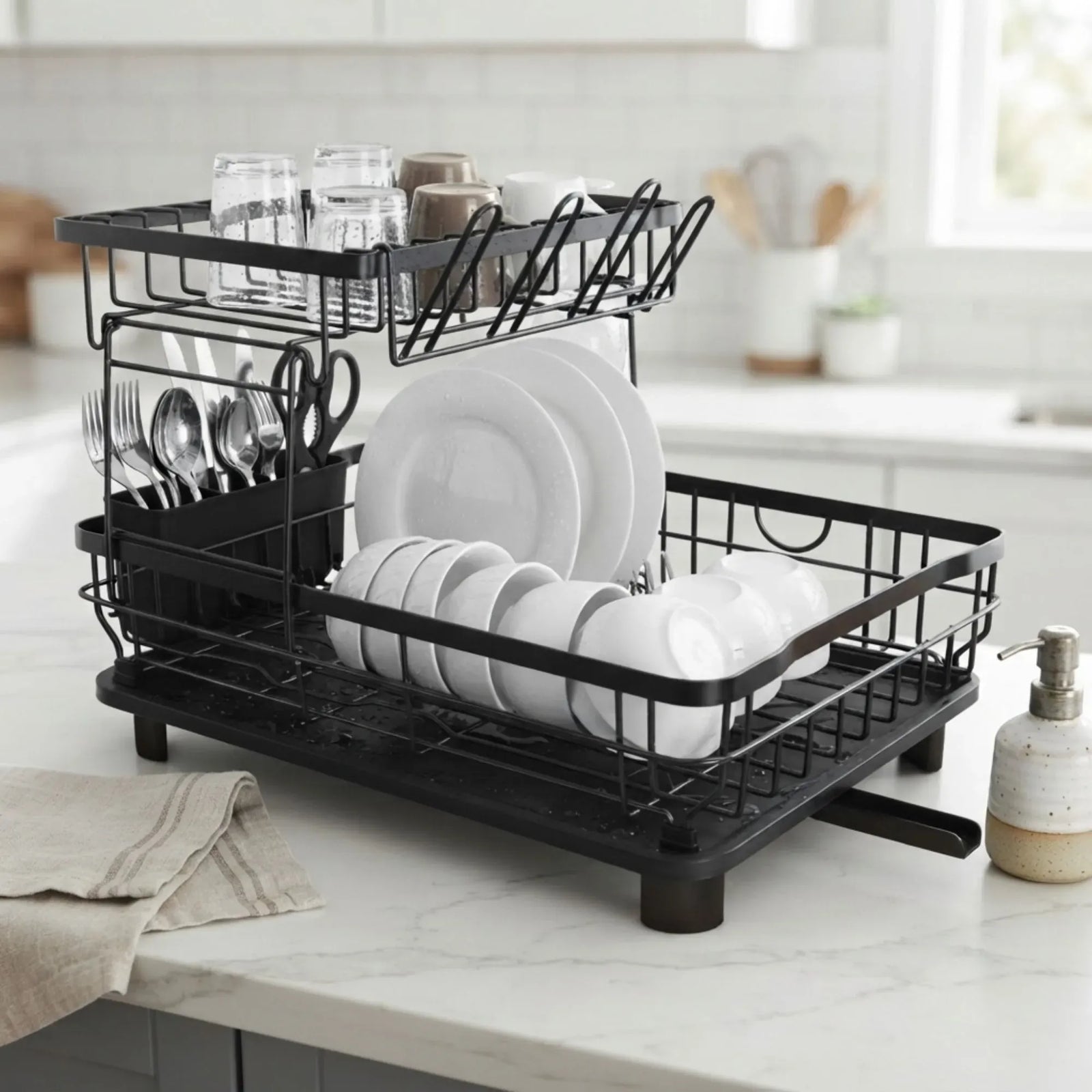 CARLA HOME 2 tier Dish Drying Rack with Drainboard & Utensil Holder for Kitchen (Black)