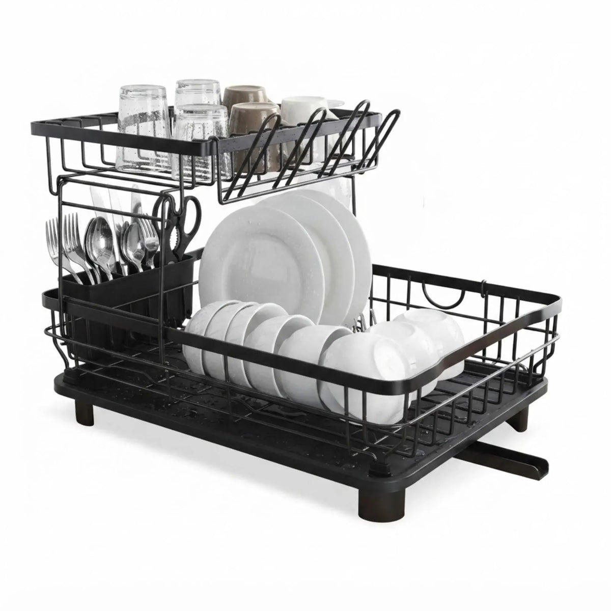 CARLA HOME 2 tier Dish Drying Rack with Drainboard & Utensil Holder for Kitchen (Black)