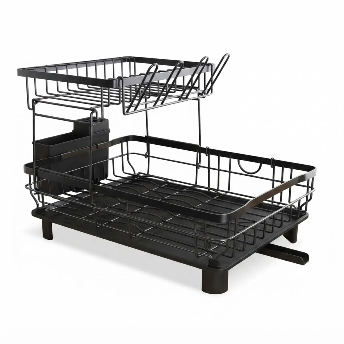 CARLA HOME 2 tier Dish Drying Rack with Drainboard & Utensil Holder for Kitchen (Black)