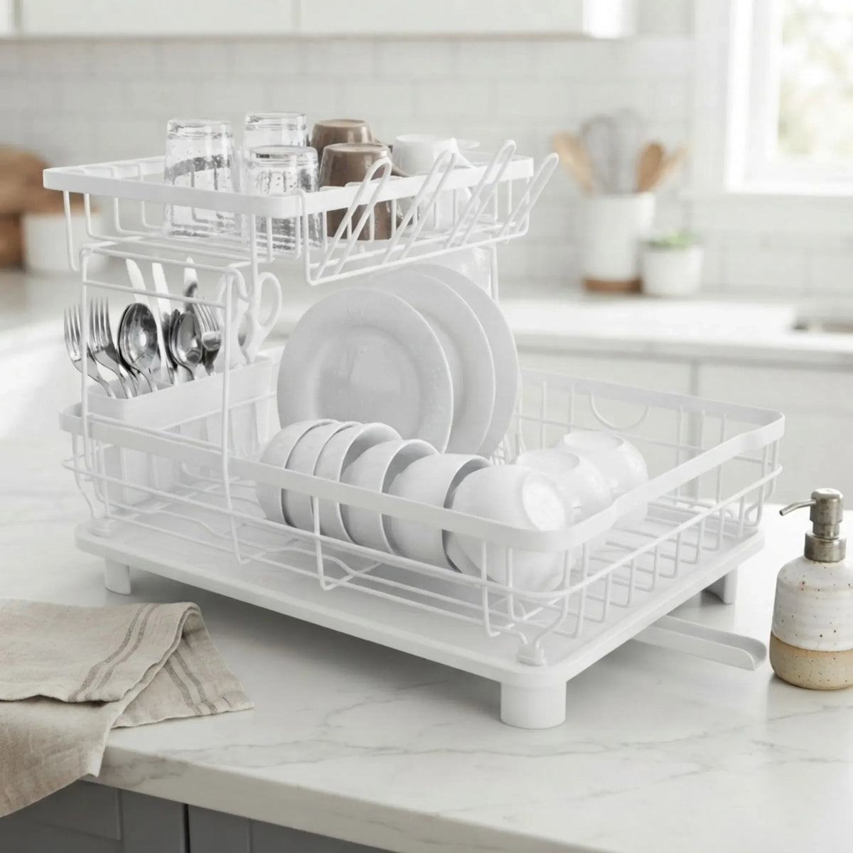 CARLA HOME 2 tier Dish Drying Rack with Drainboard &amp; Utensil Holder for Kitchen (White)