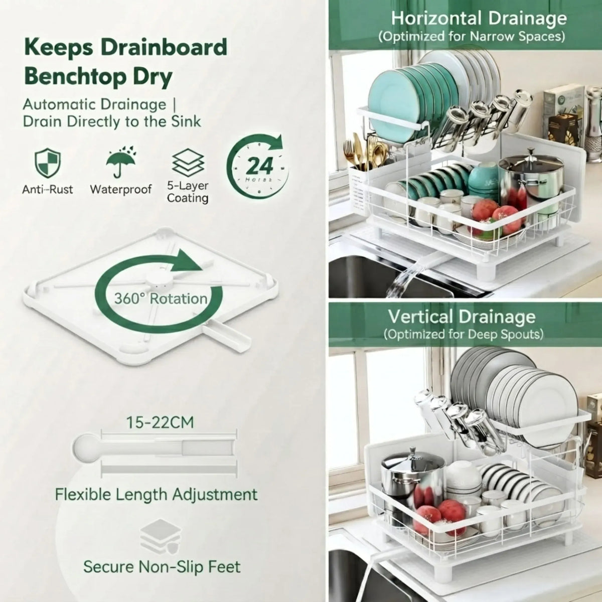 CARLA HOME 2 tier Dish Drying Rack with Drainboard & Utensil Holder for Kitchen (White)
