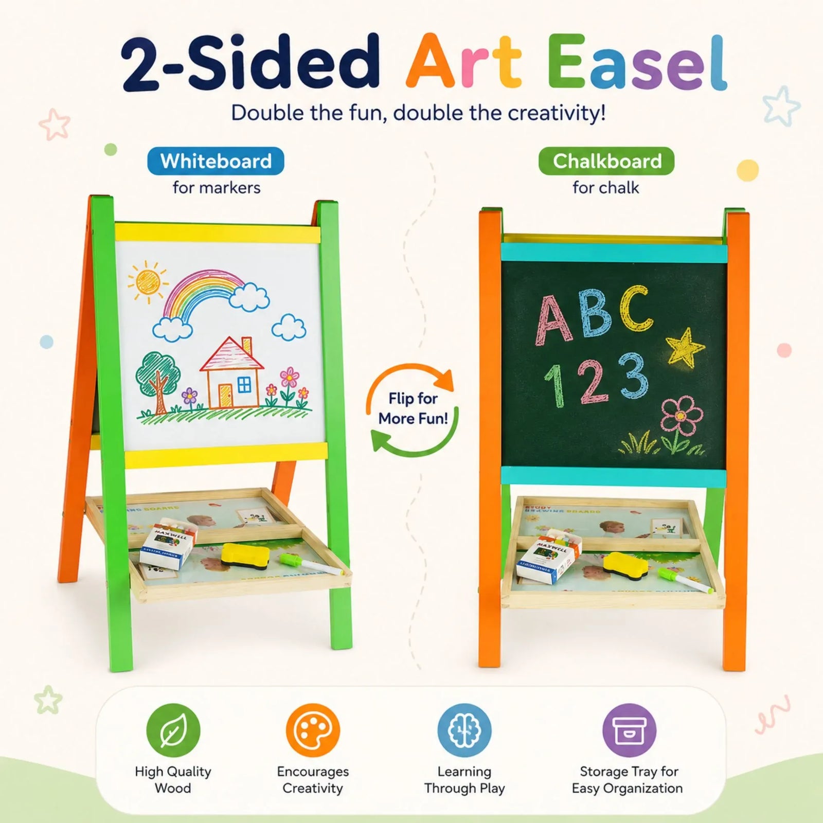 CARLA HOME Kids Art Easel, Double-Sided Chalkboard Whiteboard, Multicolour