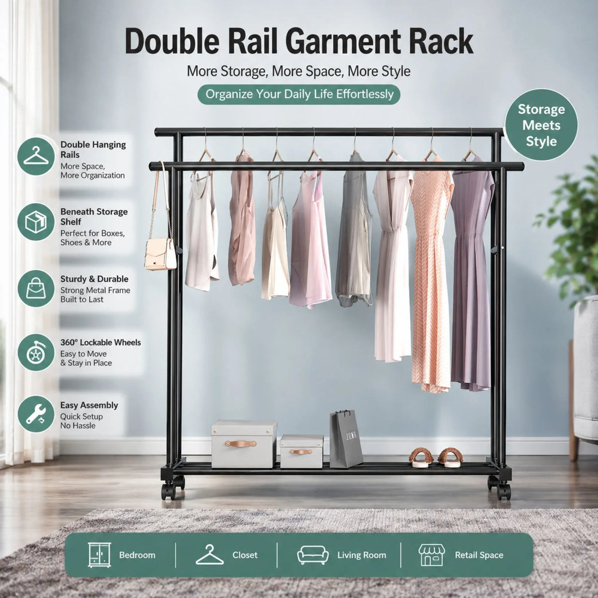 CARLA HOME Double Rod Clothes Rack with Wheels, Metal, Portable Wardrobe Rack