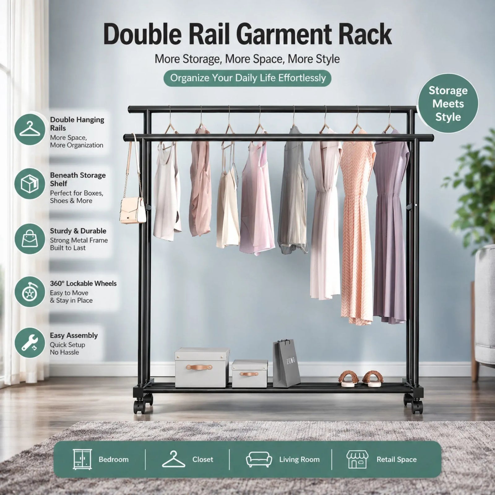 CARLA HOME Double Rod Clothes Rack with Wheels, Metal, Portable Wardrobe Rack