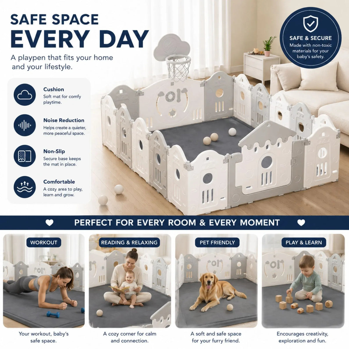 CARLA HOME Baby Play Mat 100x150cm, Thick Foam Crawling Mat, Infants, Grey