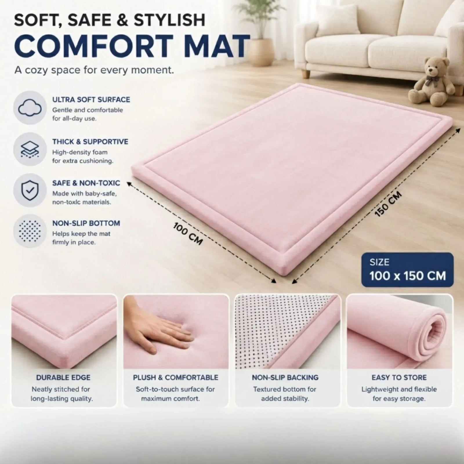 CARLA HOME Baby Play Mat 100x150cm, Thick Foam Crawling Mat, Infants, Pink