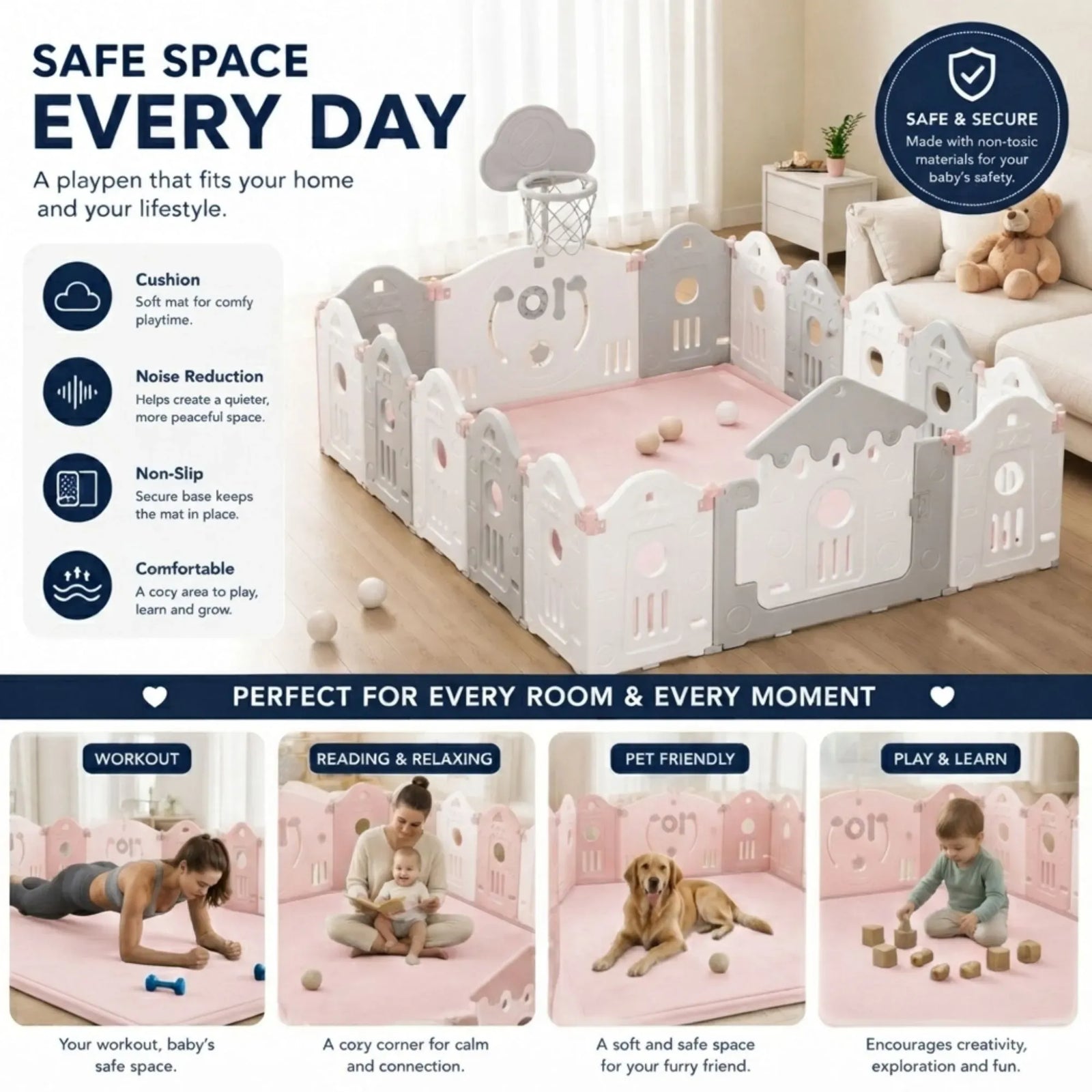 CARLA HOME Baby Play Mat 150x200cm, Thick Foam Crawling Mat, Infants, Pink