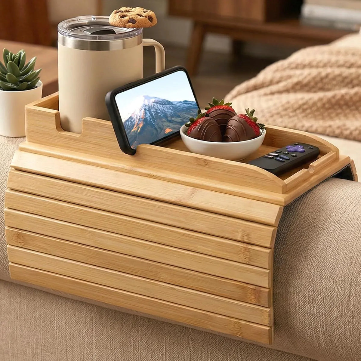 CARLA HOME Bamboo Sofa Armrest Tray, Couch Arm Table, Non-Slip Tray Table