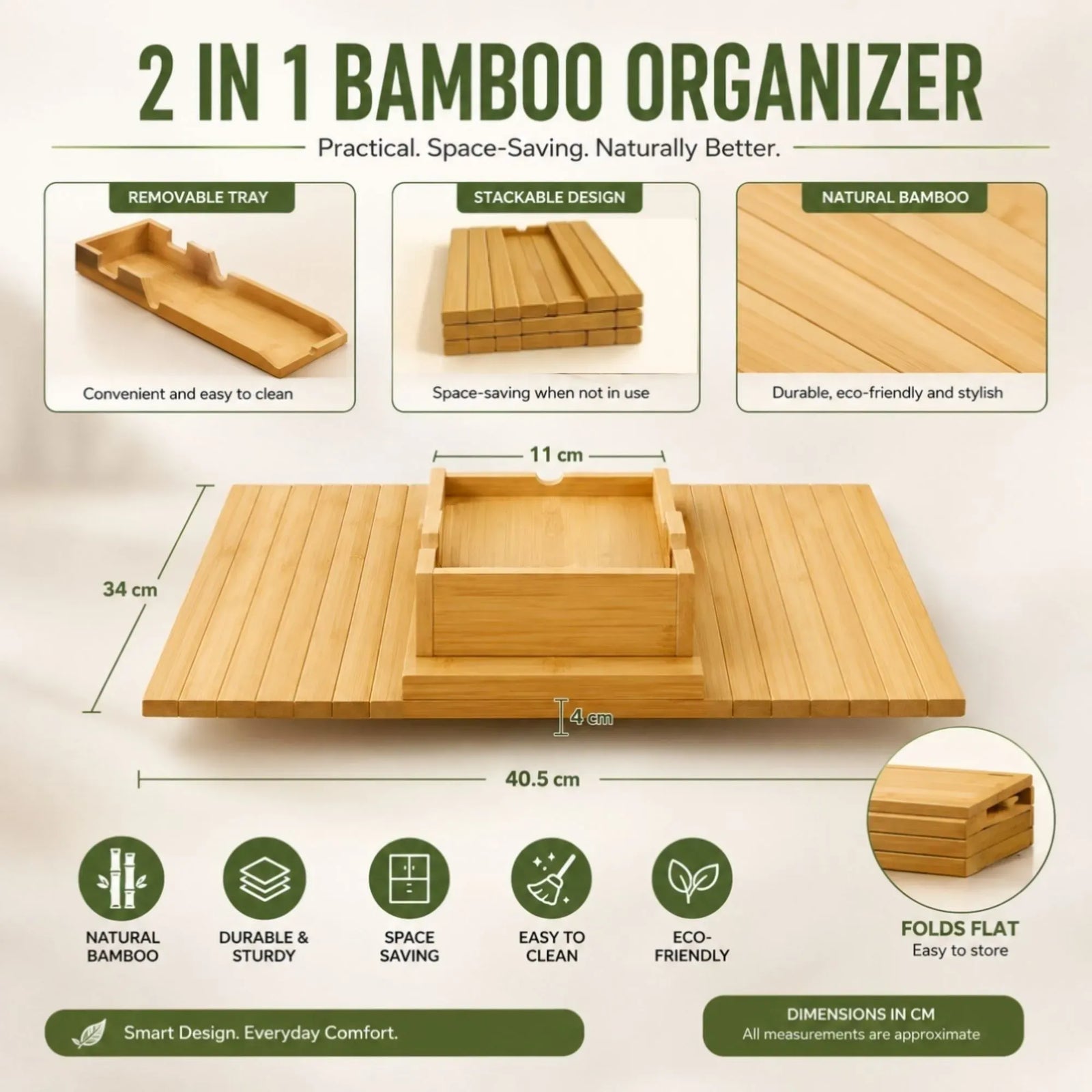 CARLA HOME Bamboo Sofa Armrest Tray, Couch Arm Table, Non-Slip Tray Table