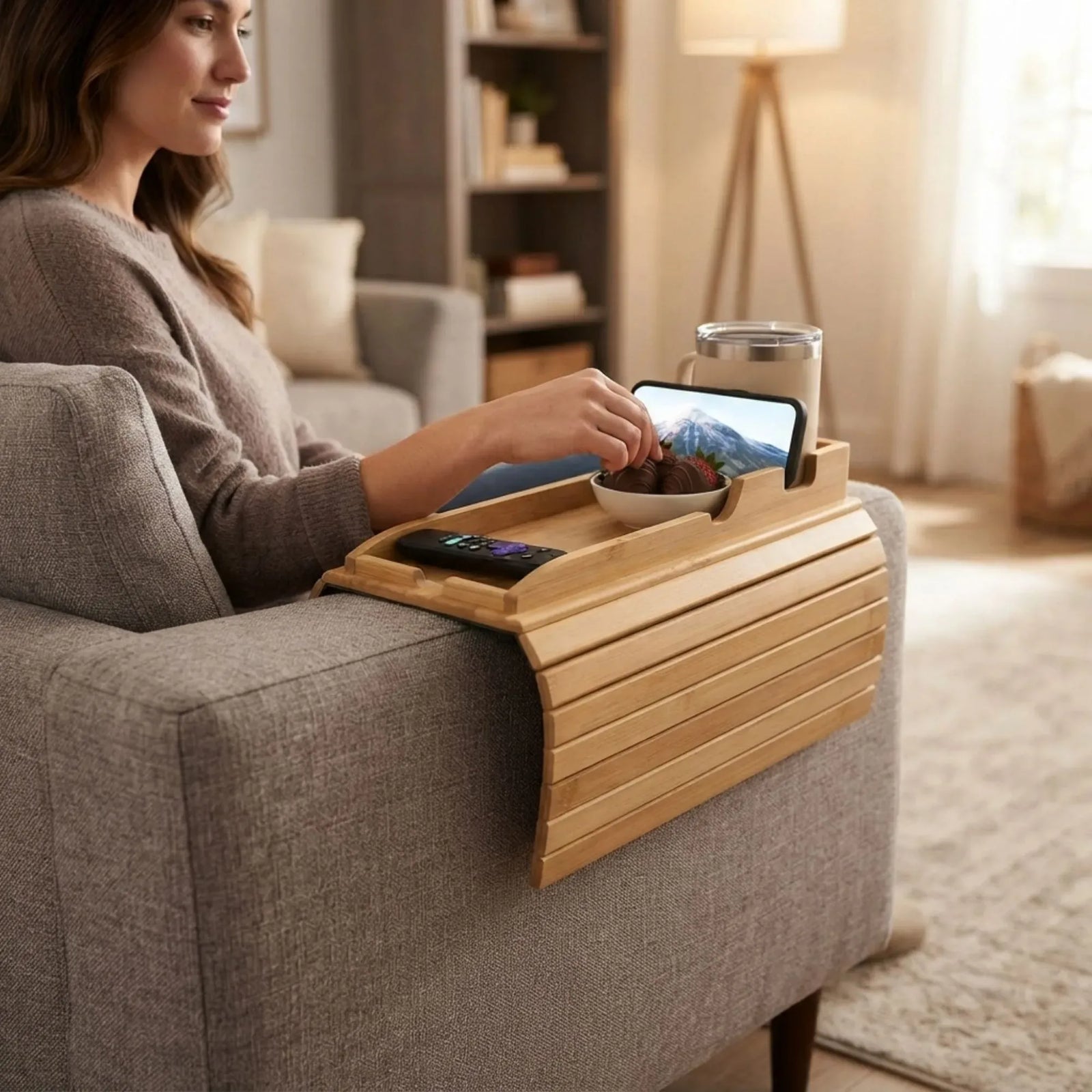 CARLA HOME Bamboo Sofa Armrest Tray, Couch Arm Table, Non-Slip Tray Table