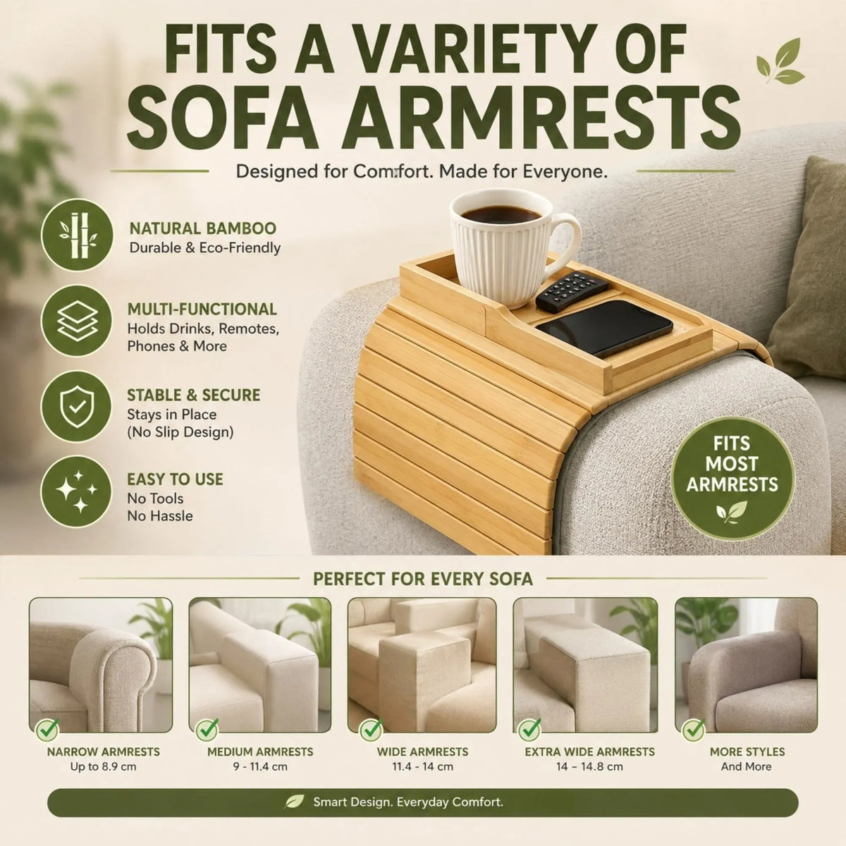 CARLA HOME Bamboo Sofa Armrest Tray, Couch Arm Table, Non-Slip Tray Table