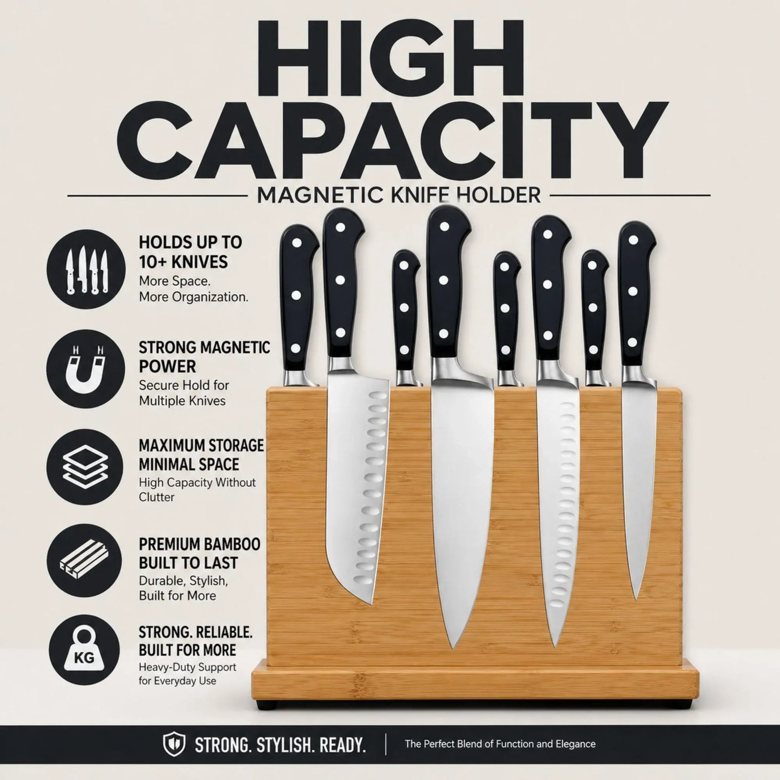 CARLA HOME Magnetic Knife Block, Bamboo Double Sided Holder up to 30cm Knives Kitchen