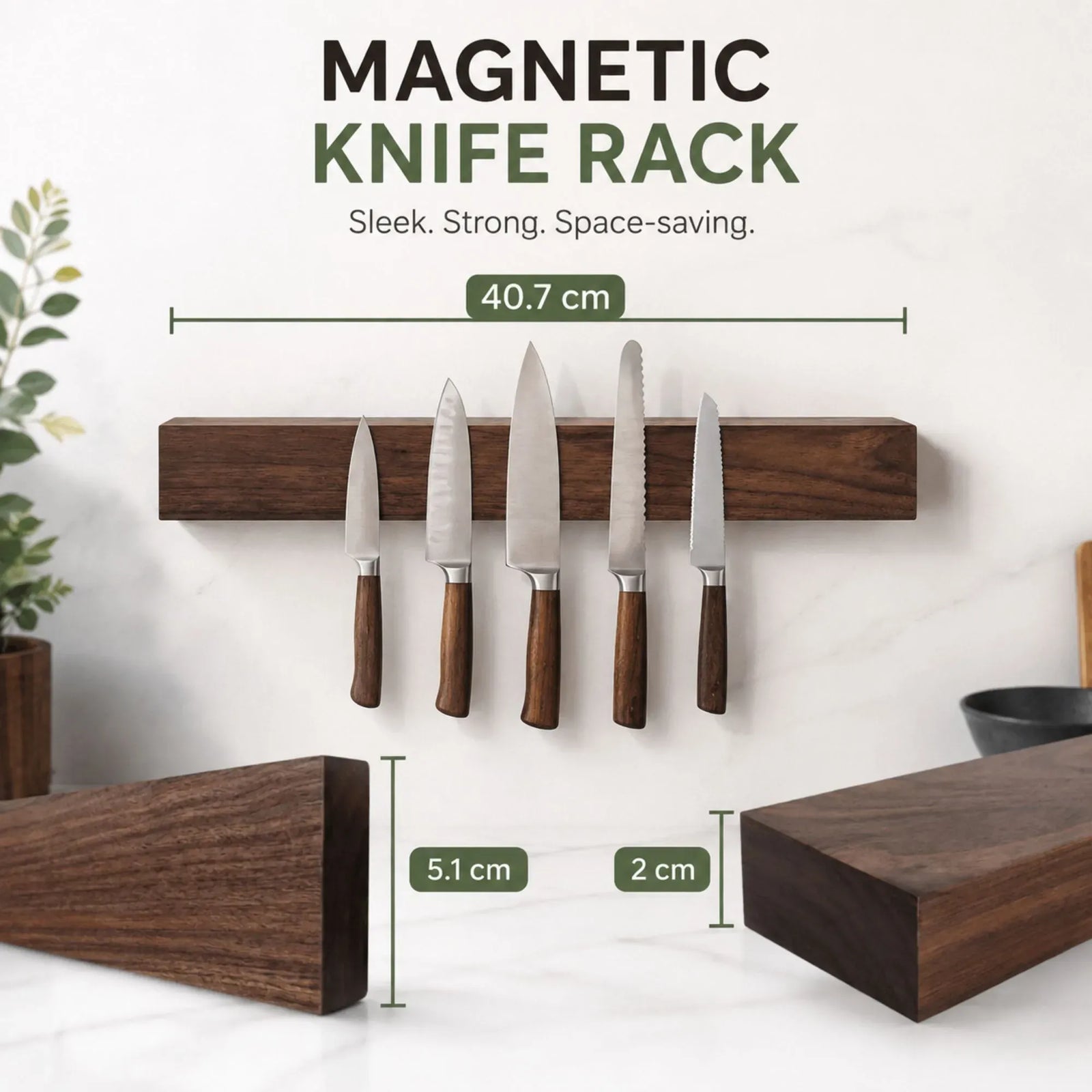 CARLA HOME Magnetic Knife Holder Wall Mounted, Wood Strip, Brown (40cm)