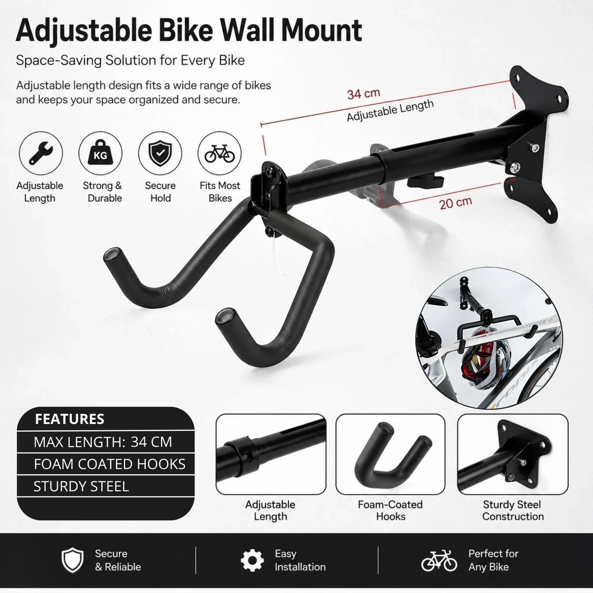 CARLA HOME Wall Mount Bike Rack, Adjustable Foldable Hanger, Garage Storage