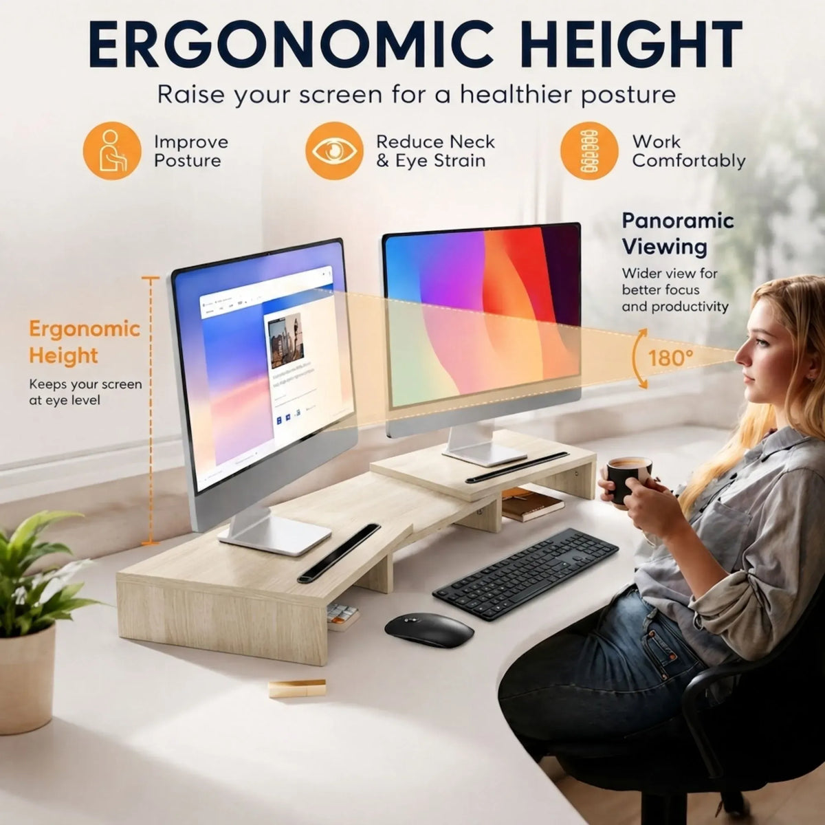 CARLA HOME Dual Monitor Stand Riser, Adjustable Length and Angle, Beige