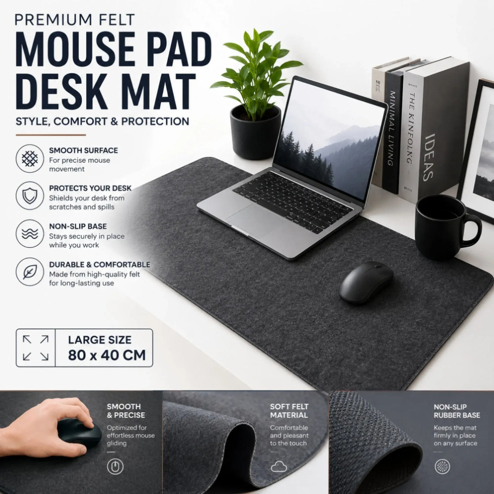 CARLA HOME Felt Desk Mat, Large Mouse Pad 80x40cm, Grey Cotton Linen Fabric