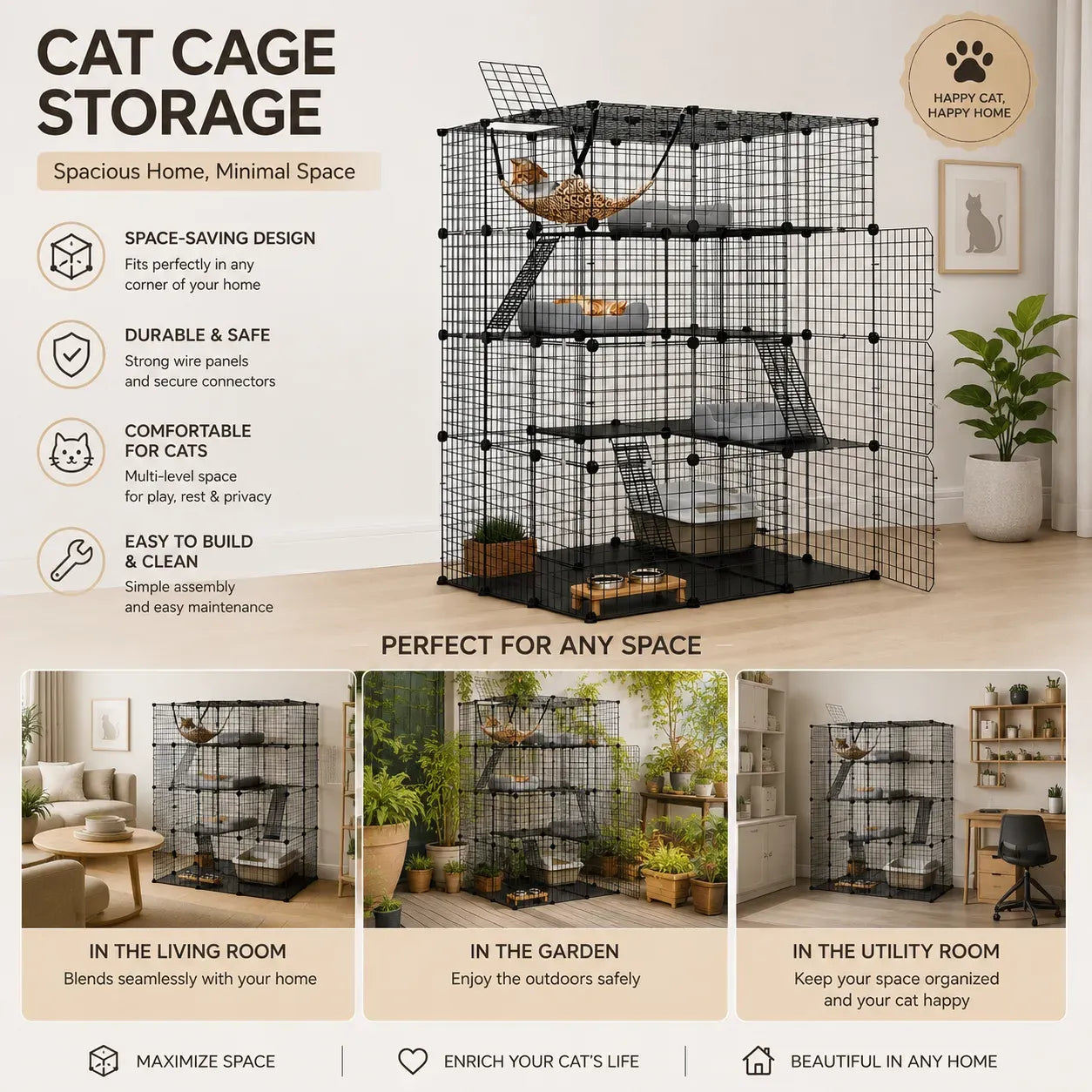 CARLA HOME Large Cat Cage Diy Enclosure, 4 Tier Pet Playpen Cat Kennel