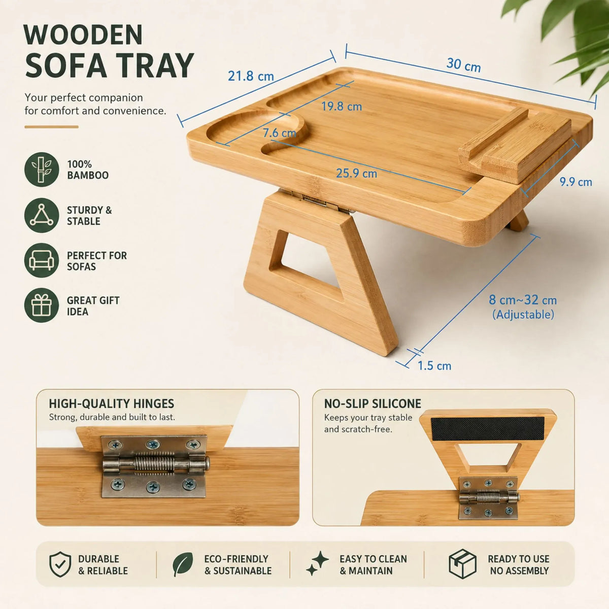 CARLA HOME Bamboo Sofa Arm Tray, 360° Rotating Phone Holder Clip, Couch cup