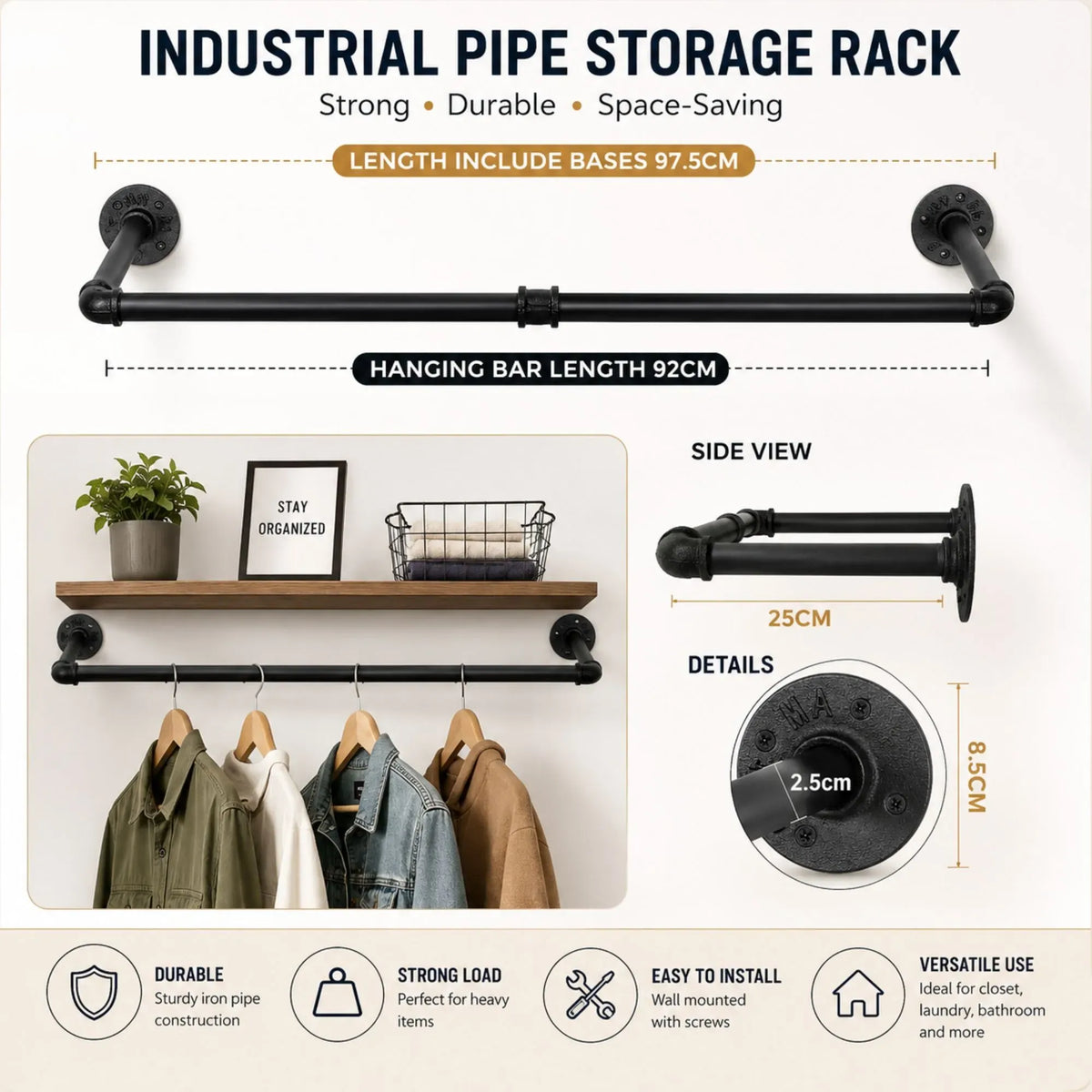 CARLA HOME Industrial Pipe Wall Clothes Rack, 92cm Bar Garment Rack