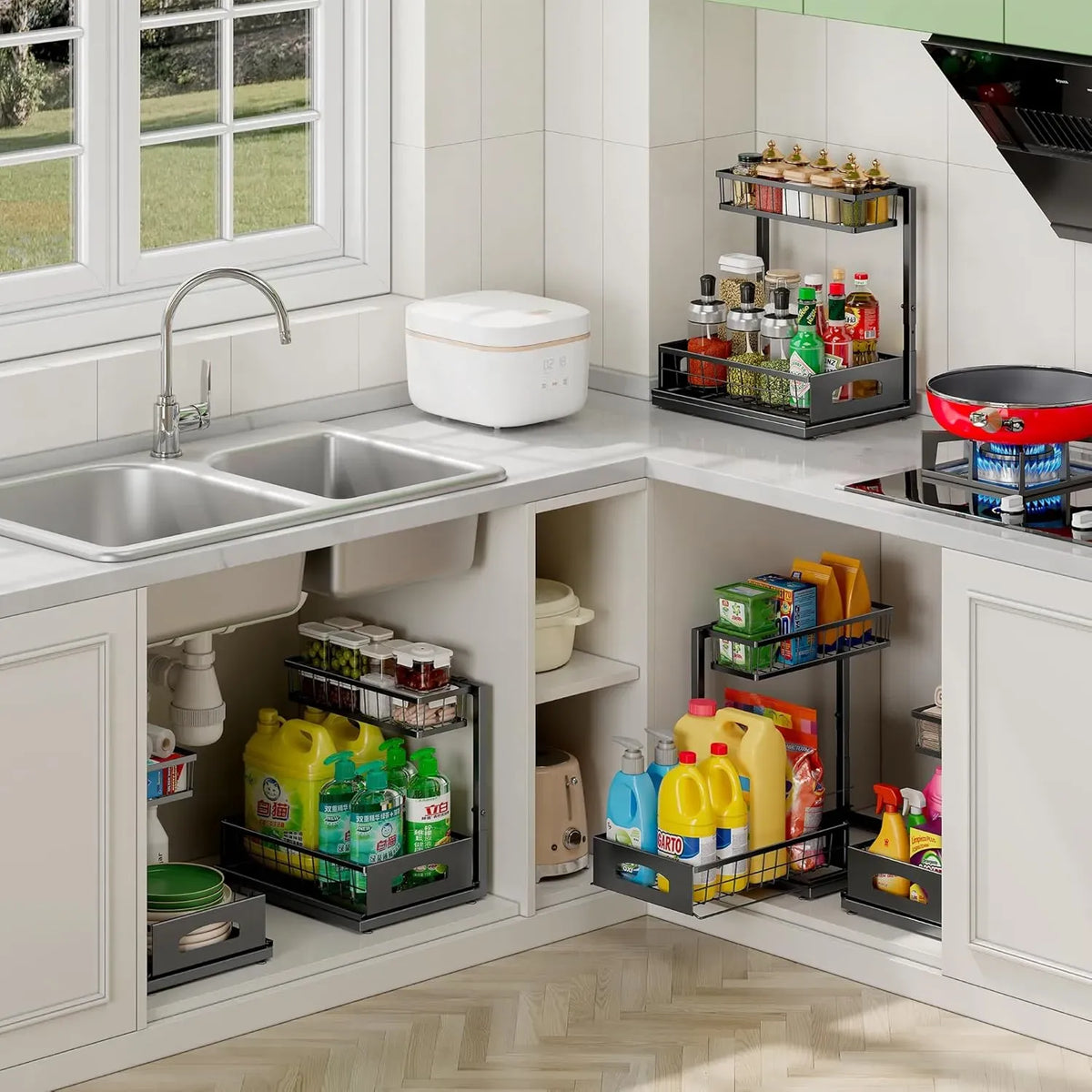 CARLA HOME 2 Tier Under Sink Organiser - Sliding Drawer - Black - Adjustable Under Sink Organiser