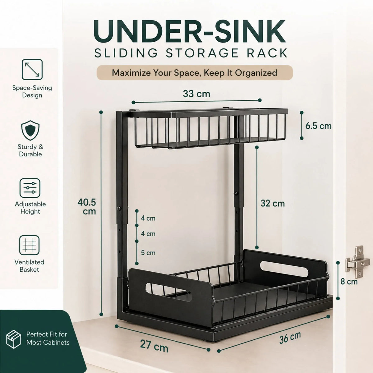 CARLA HOME Under Sink Organiser 2-Pack - Sliding Drawer - Black - Adjustable Under Sink Organiser