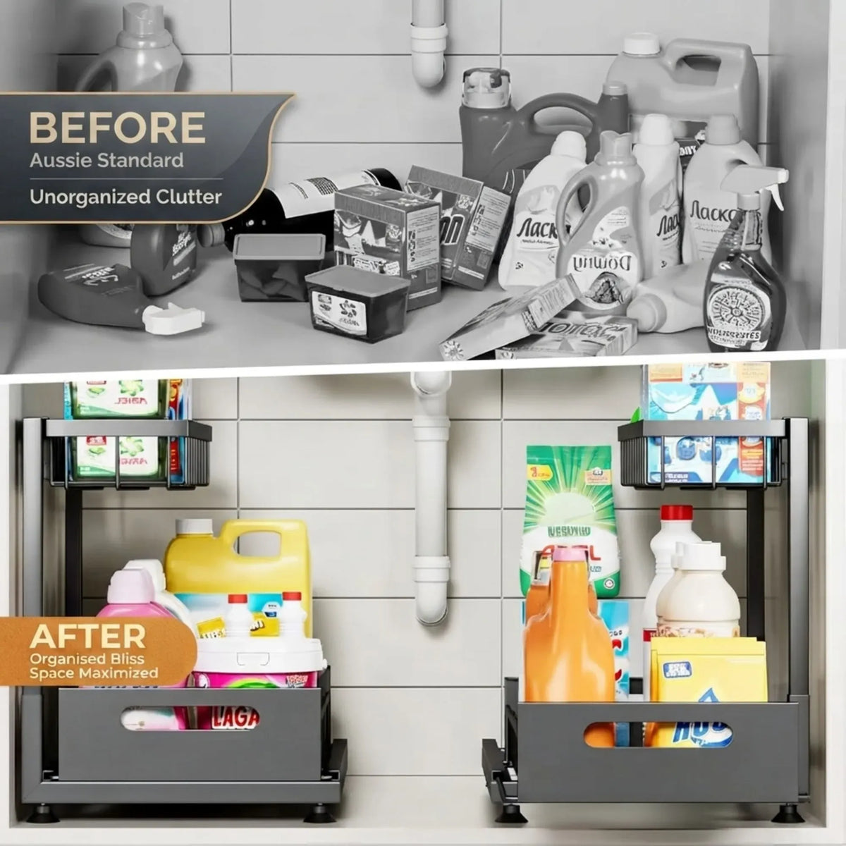CARLA HOME Under Sink Organiser 2-Pack - Sliding Drawer - Black - Adjustable Under Sink Organiser