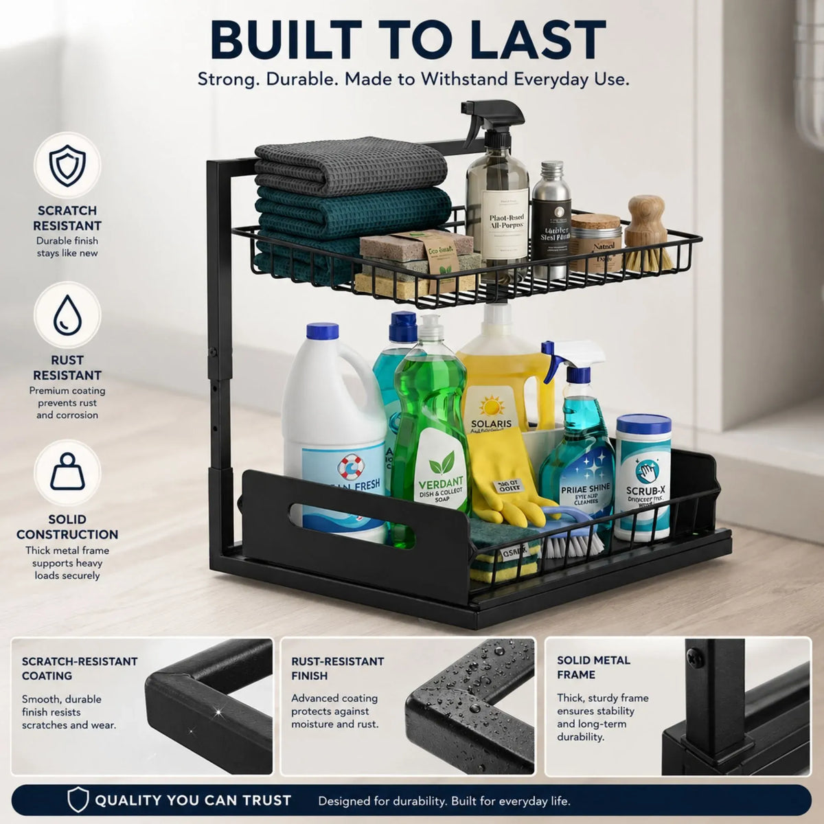 CARLA HOME Under Sink Organiser 2-Pack - Sliding Drawer - Black - Adjustable Under Sink Organiser