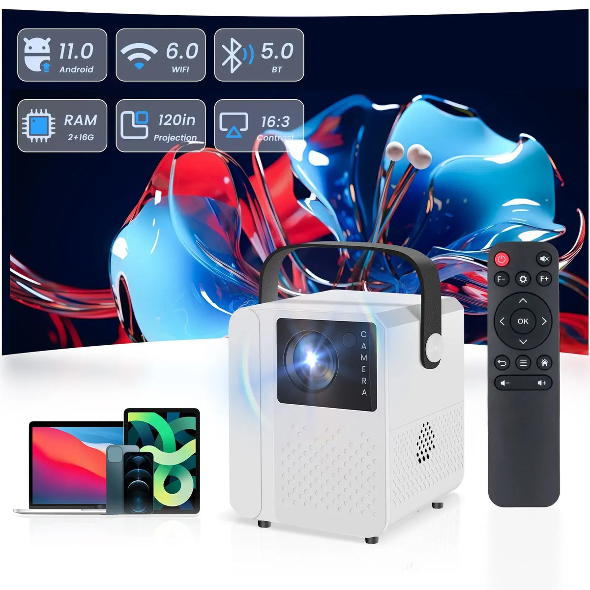 Smart LED Projector Mini Home Theater 1080P 7000 Lumens WiFi Bluetooth Android 11