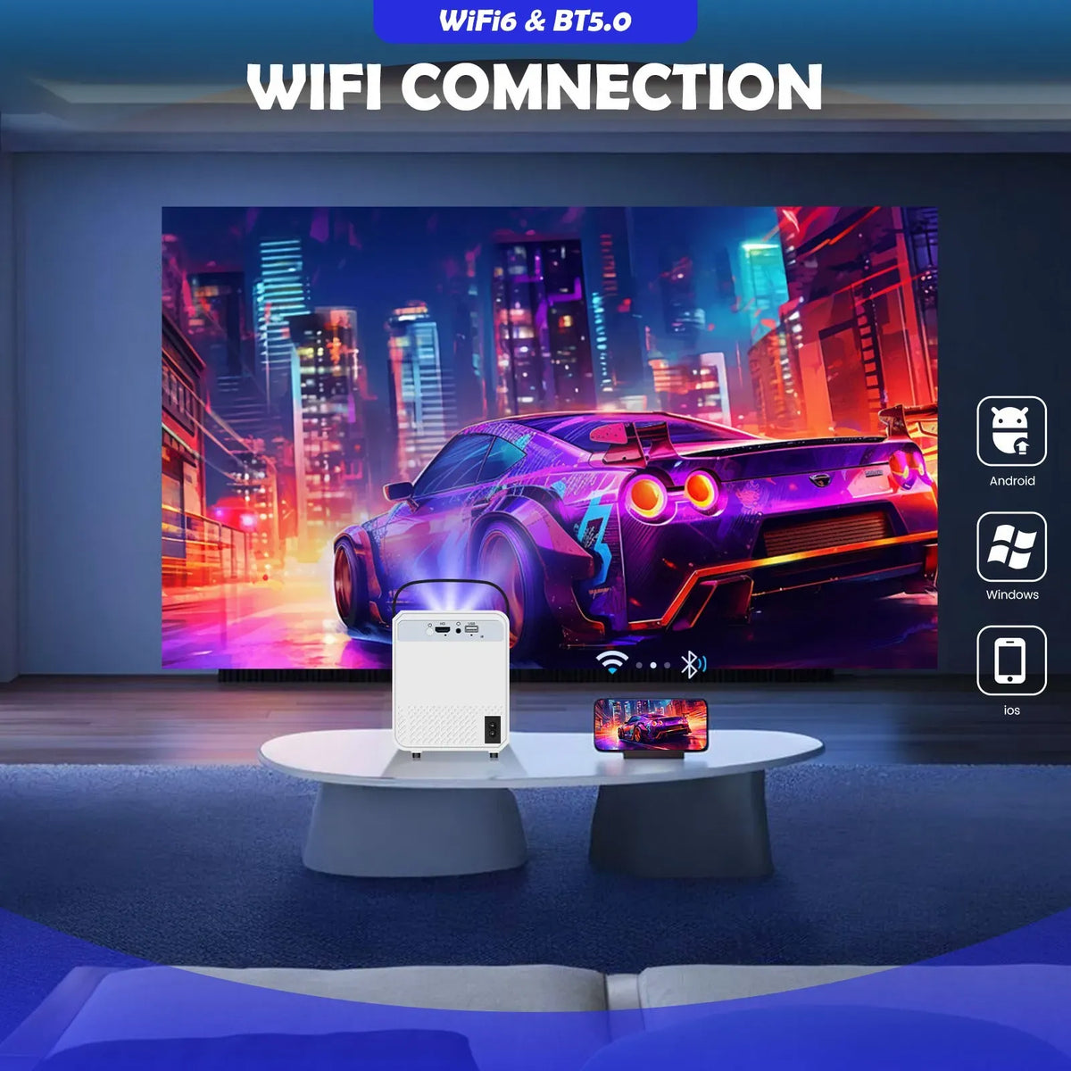 Smart LED Projector Mini Home Theater 1080P 7000 Lumens WiFi Bluetooth Android 11