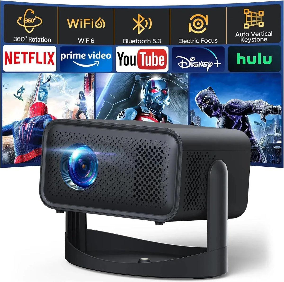 5G 4K Mini Projector Black with WiFi 6, Bluetooth, HDMI, USB, Android 11, 720P Resolution