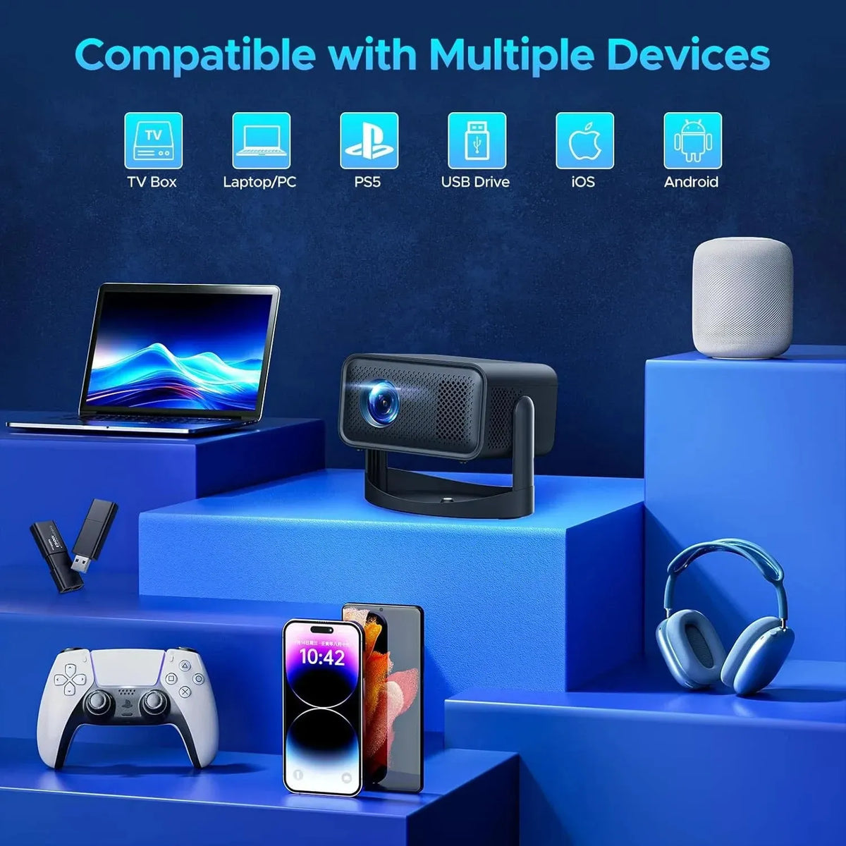 5G 4K Mini Projector Black with WiFi 6, Bluetooth, HDMI, USB, Android 11, 720P Resolution
