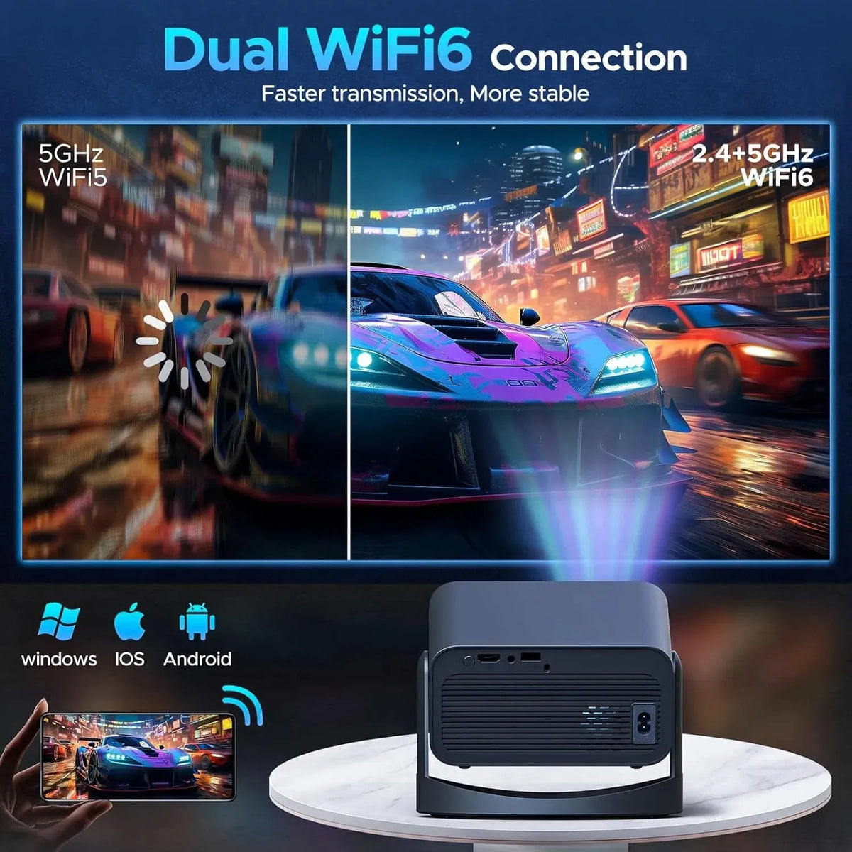 5G 4K Mini Projector Black with WiFi 6, Bluetooth, HDMI, USB, Android 11, 720P Resolution