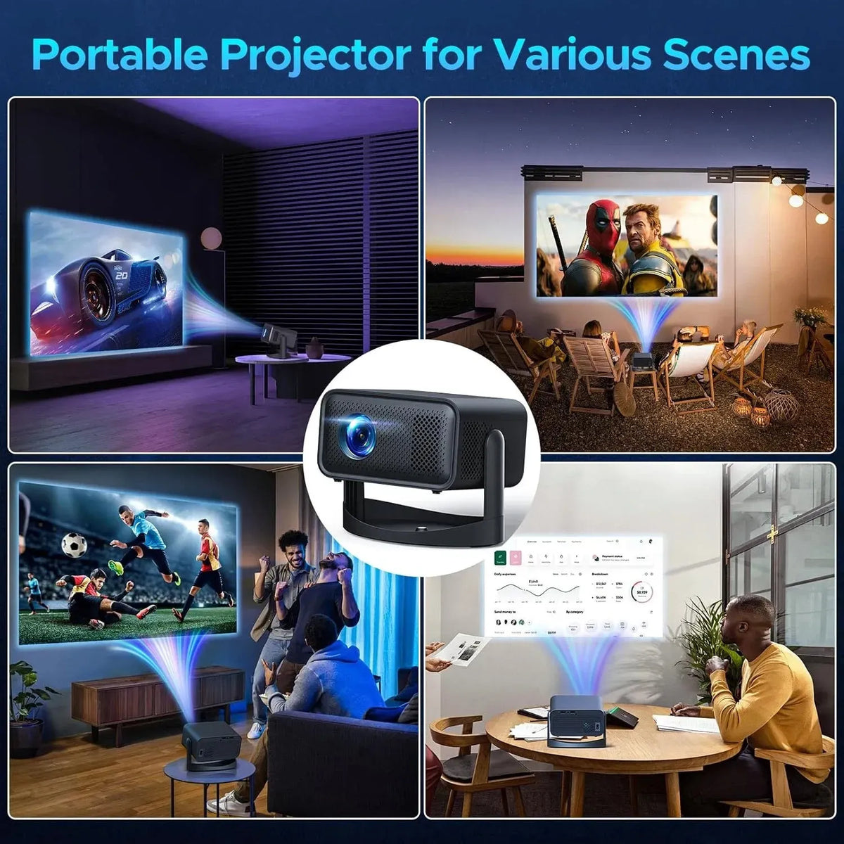 5G 4K Mini Projector Black with WiFi 6, Bluetooth, HDMI, USB, Android 11, 720P Resolution