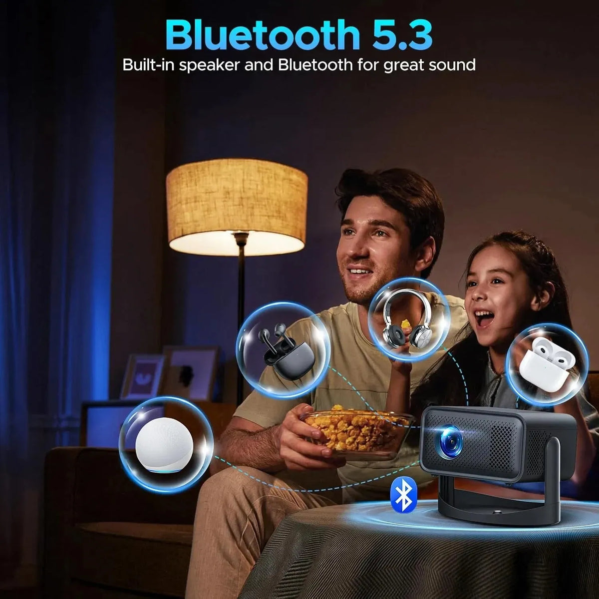 5G 4K Mini Projector Black with WiFi 6, Bluetooth, HDMI, USB, Android 11, 720P Resolution