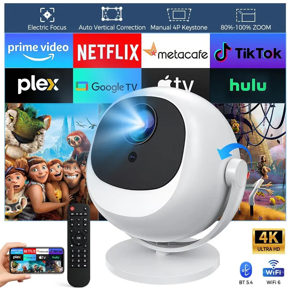 White 5G 4K Smart LED Projector in Black with Bluetooth and WiFi for Home Theater