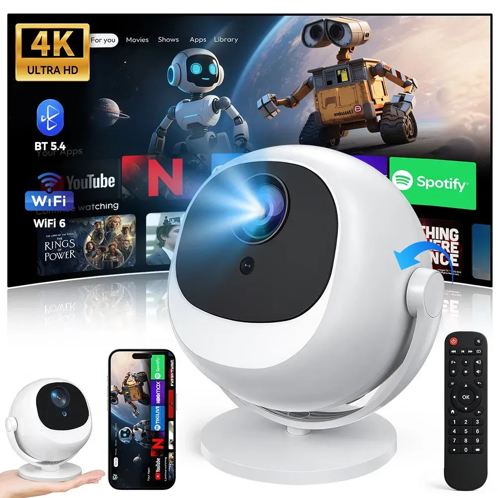 White 5G 4K Smart LED Projector in Black with Bluetooth and WiFi for Home Theater